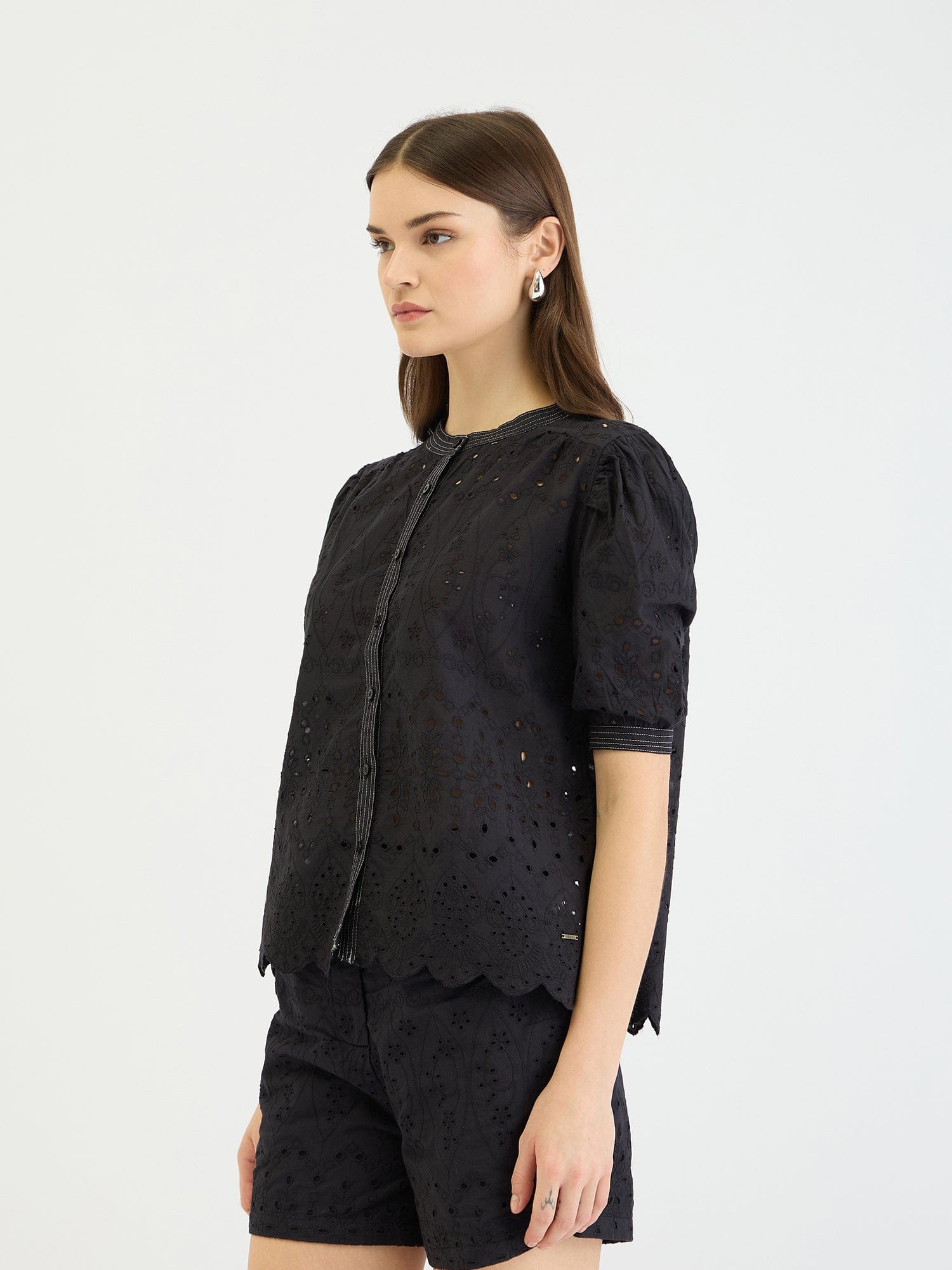 Elle Women Black Schiffli Round Neck Top