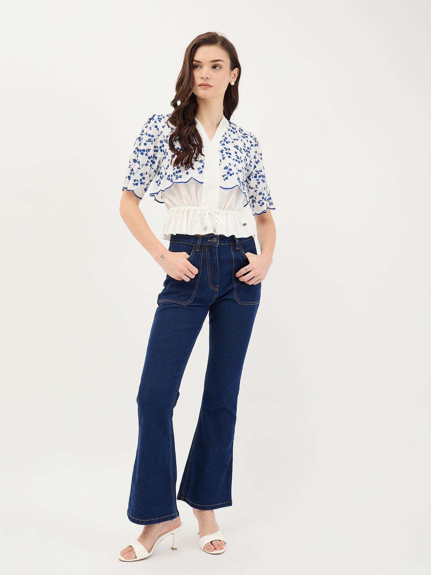 Elle Women White Embroidered V Neck Top