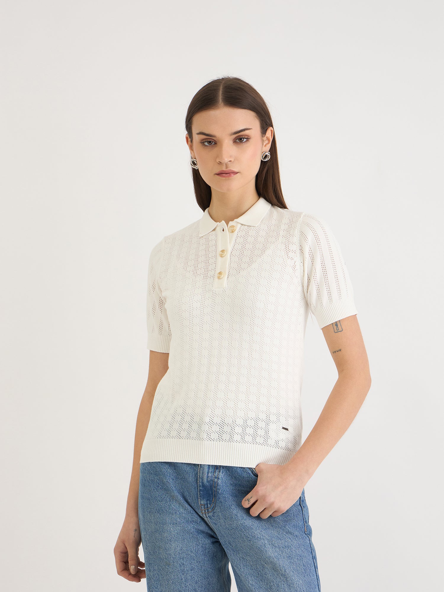 Elle Women White Knitted Polo Tshirt