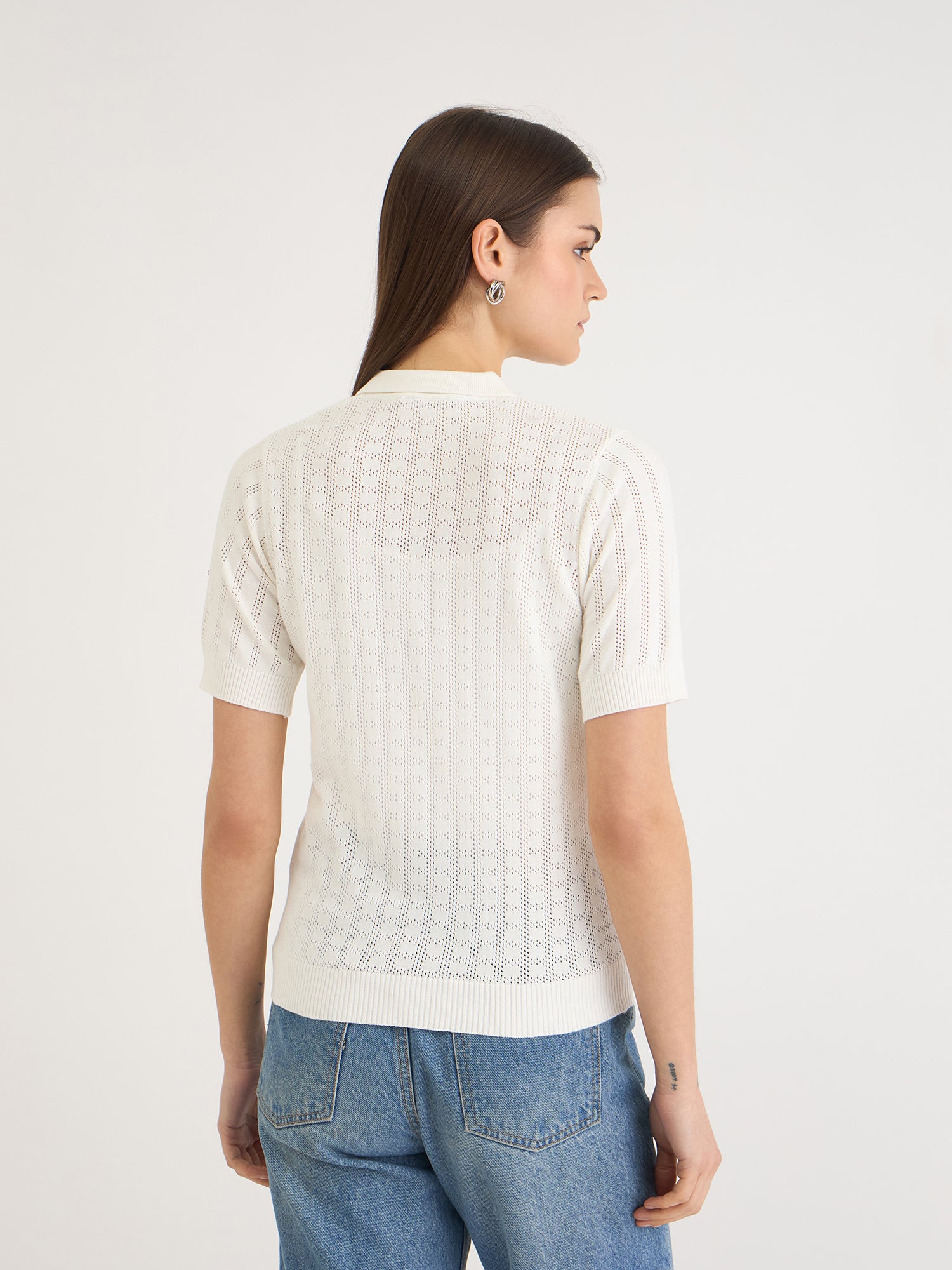 Elle Women White Knitted Polo Tshirt