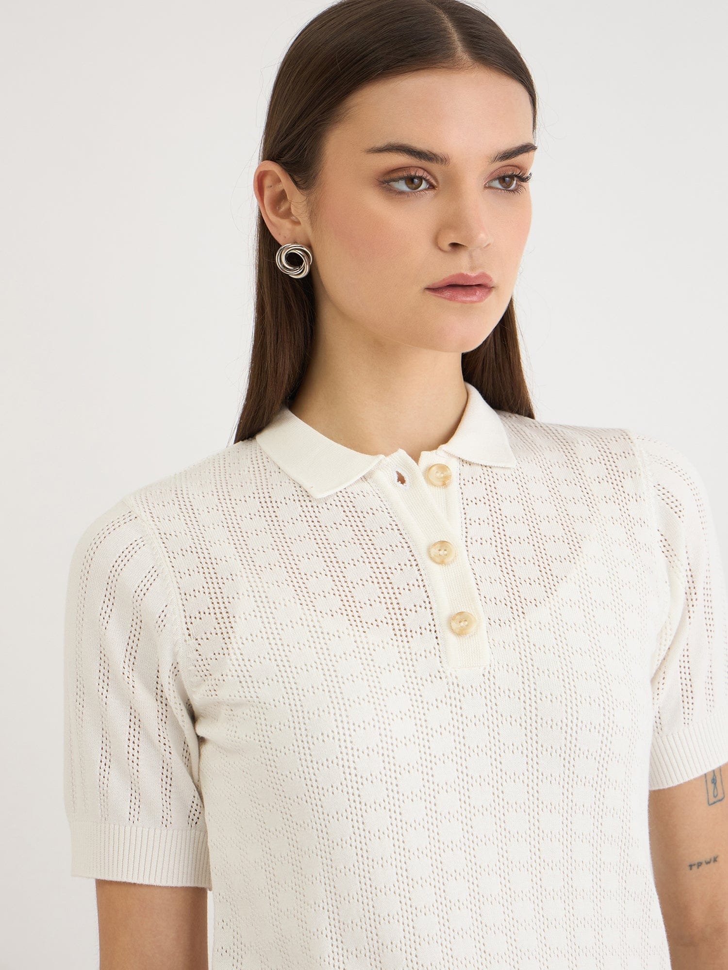 Elle Women White Knitted Polo Tshirt