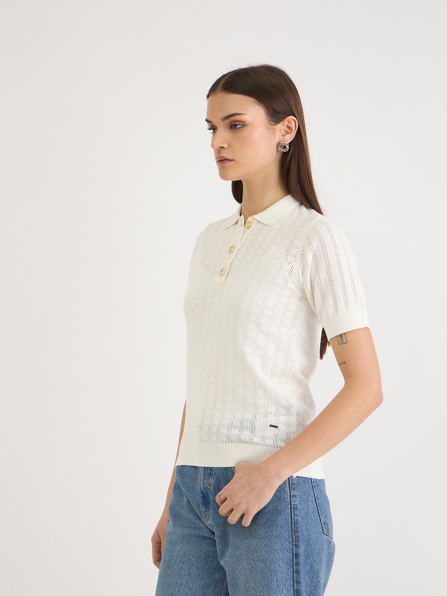 Elle Women White Knitted Polo Tshirt