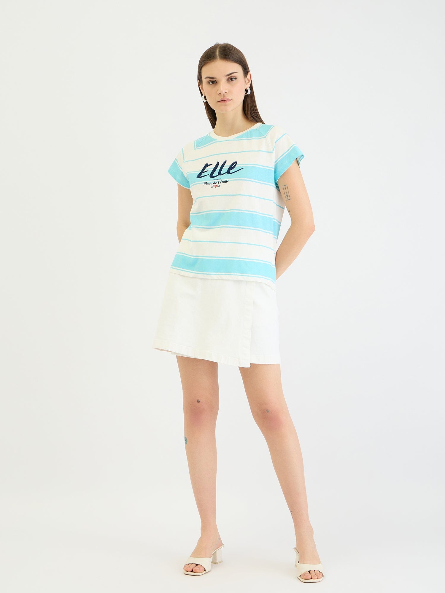 Elle Women Blue Striped Crew Neck Tshirt