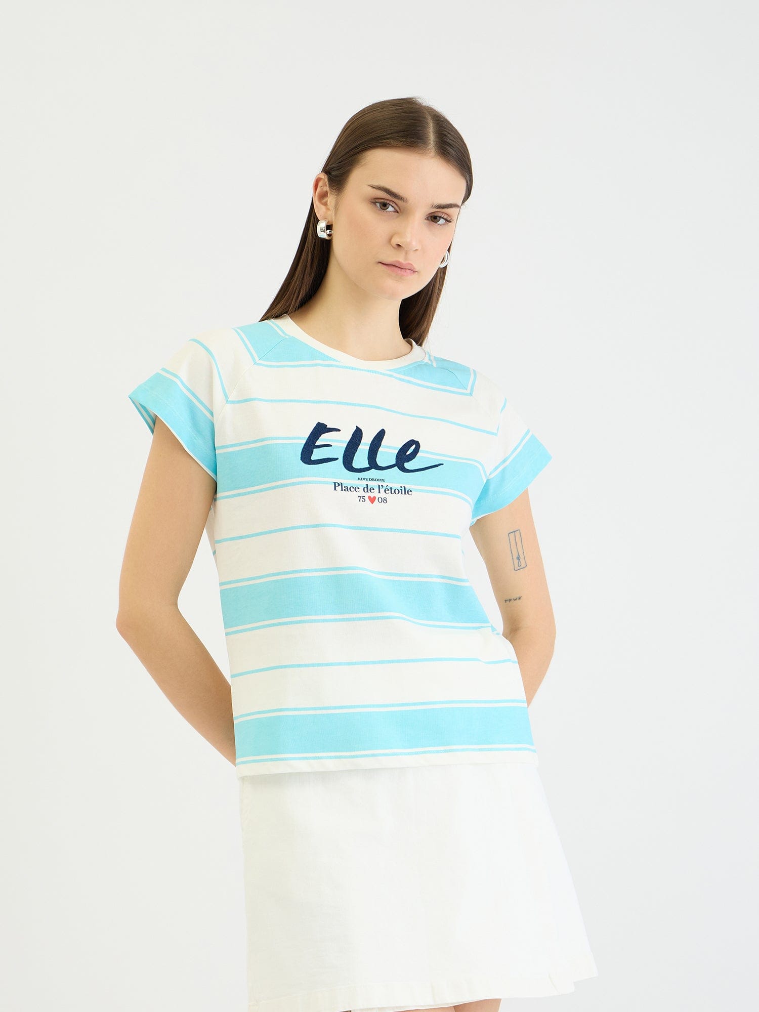 Elle Women Blue Striped Crew Neck Tshirt