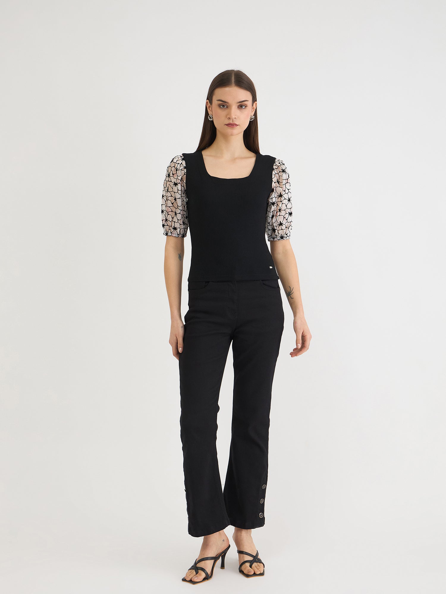 Elle Women Black Solid Square Neck Tshirt