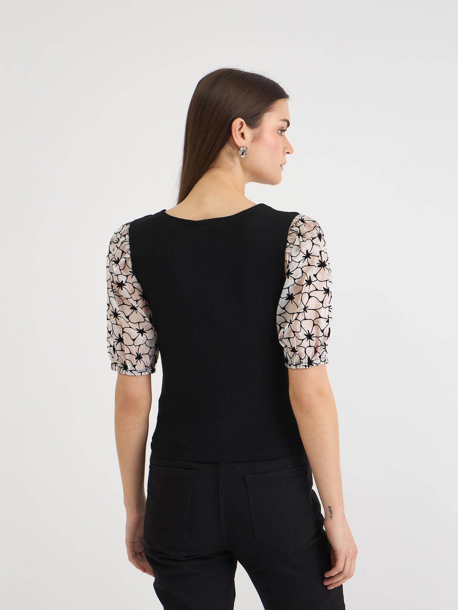 Elle Women Black Solid Square Neck Tshirt