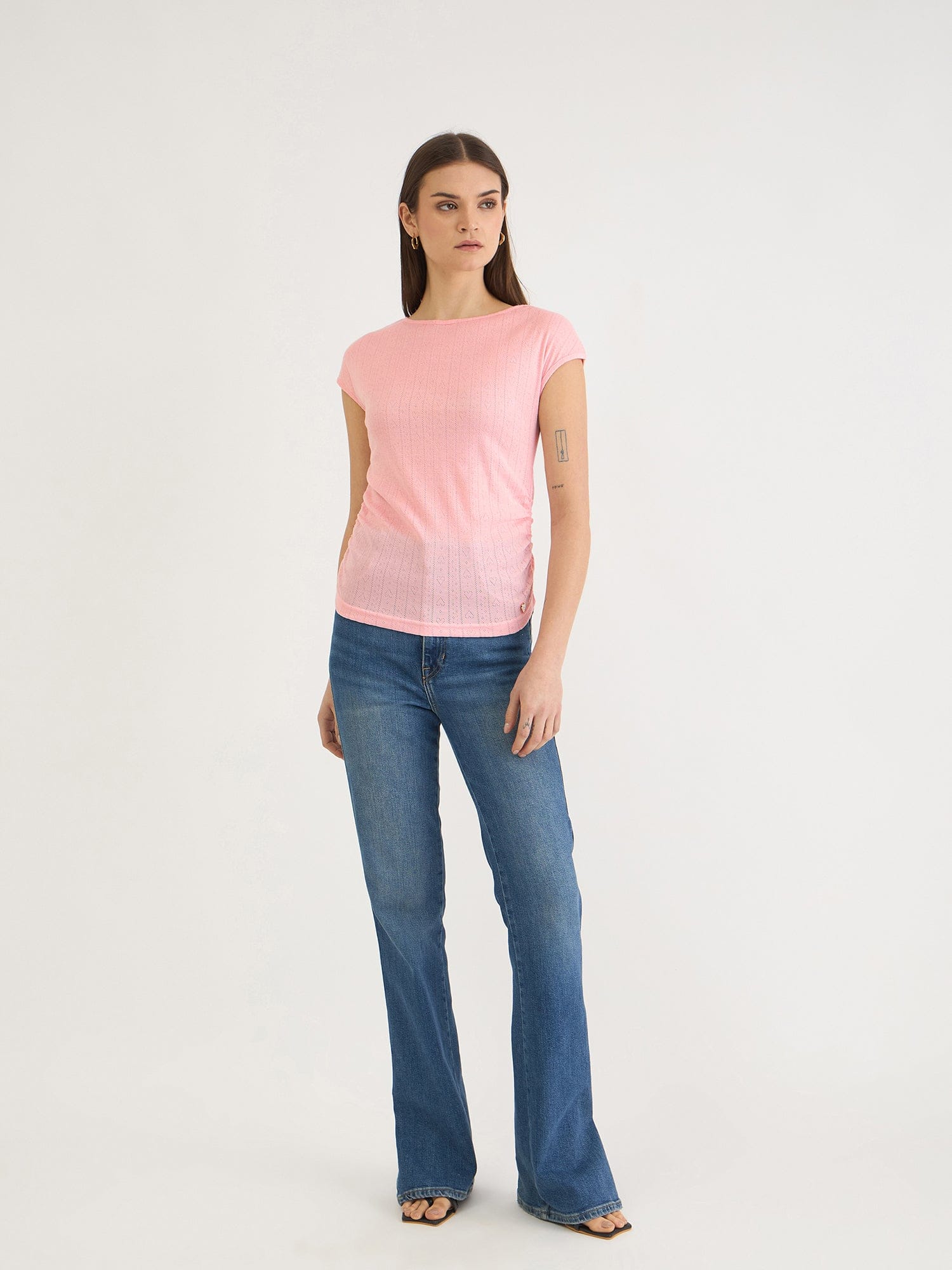 Elle Women Pink Textured Boat Neck Tshirt