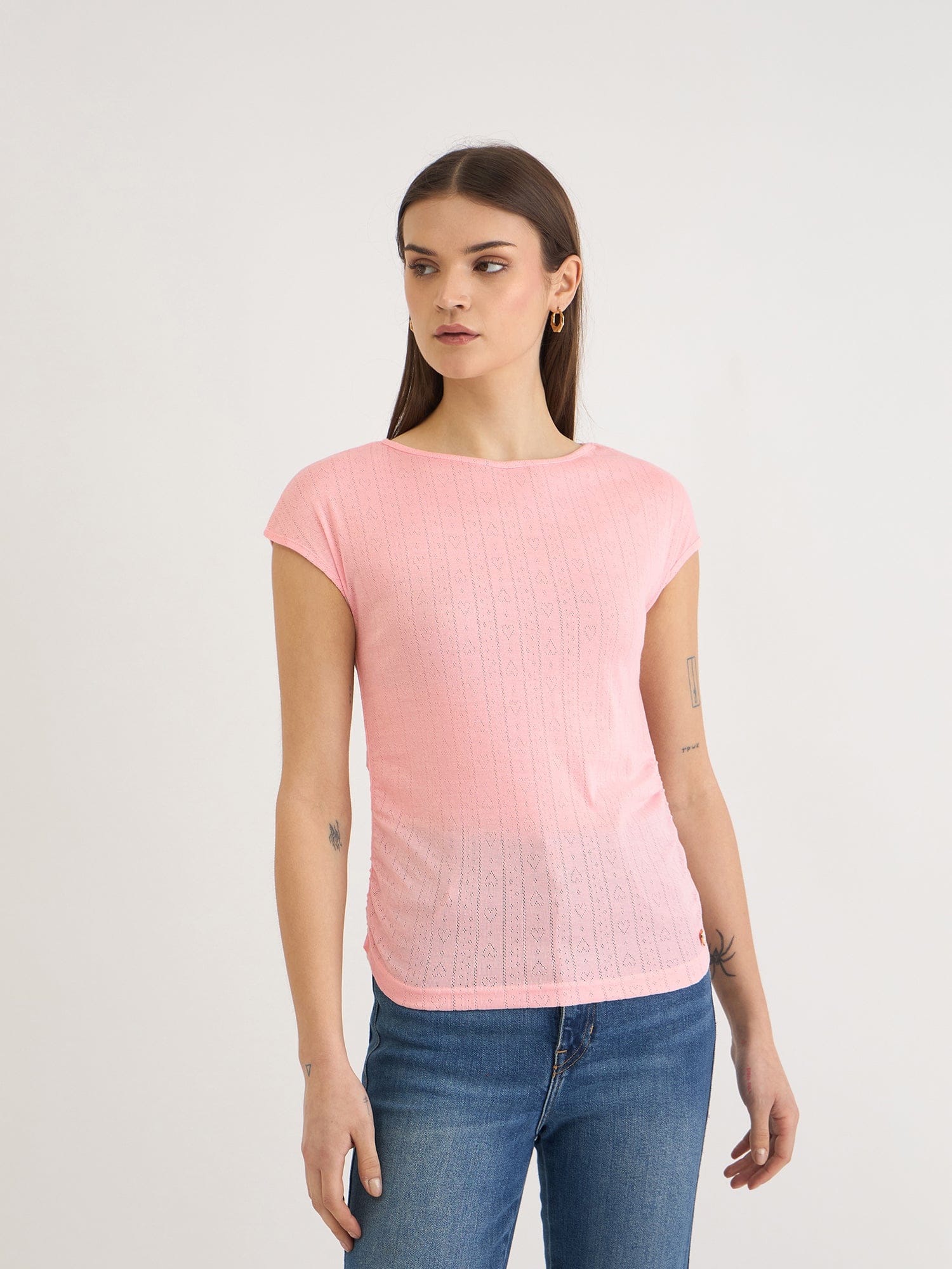 Elle Women Pink Textured Boat Neck Tshirt