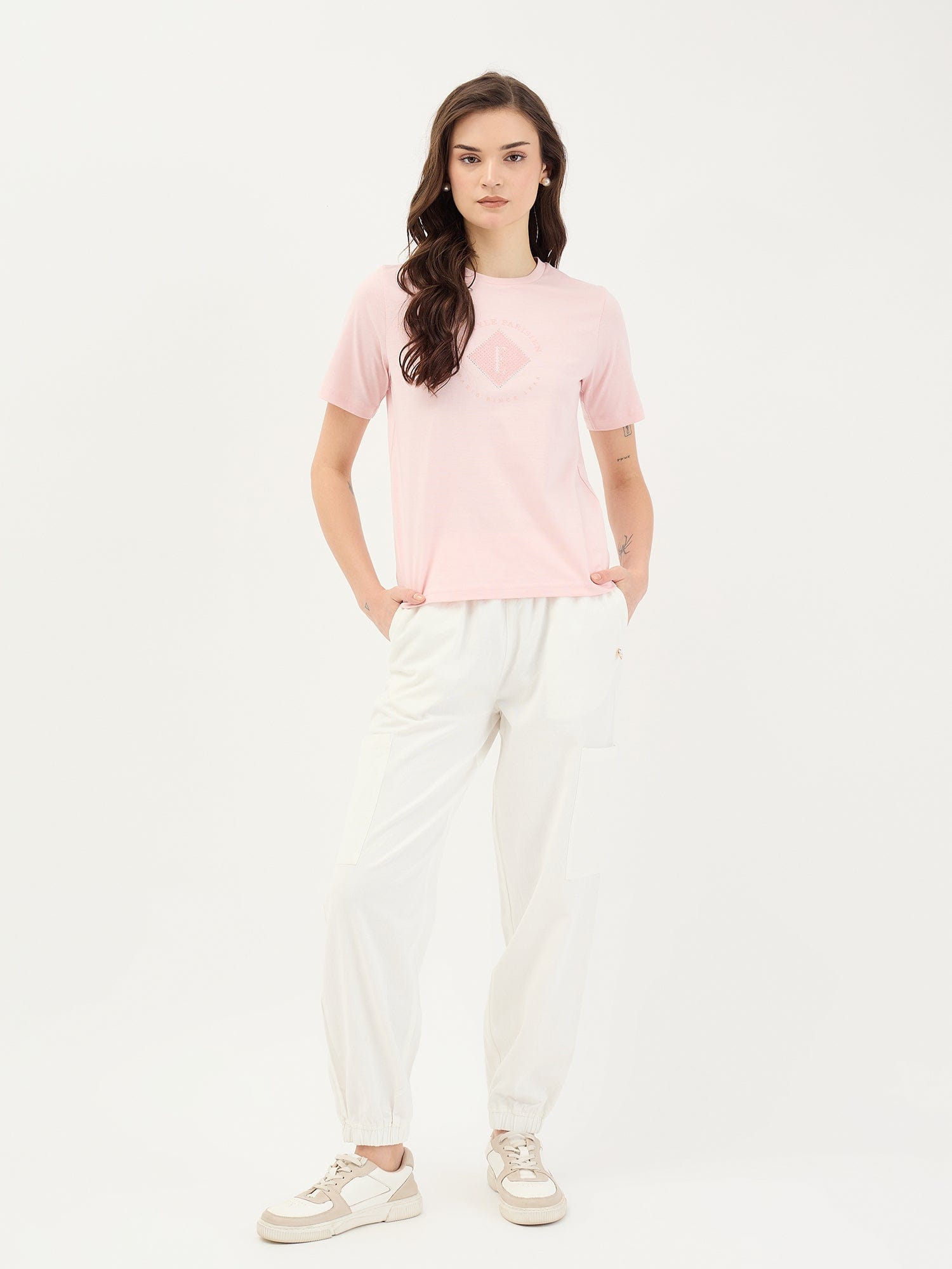 Elle Women Pink Solid Crew Neck TShirt