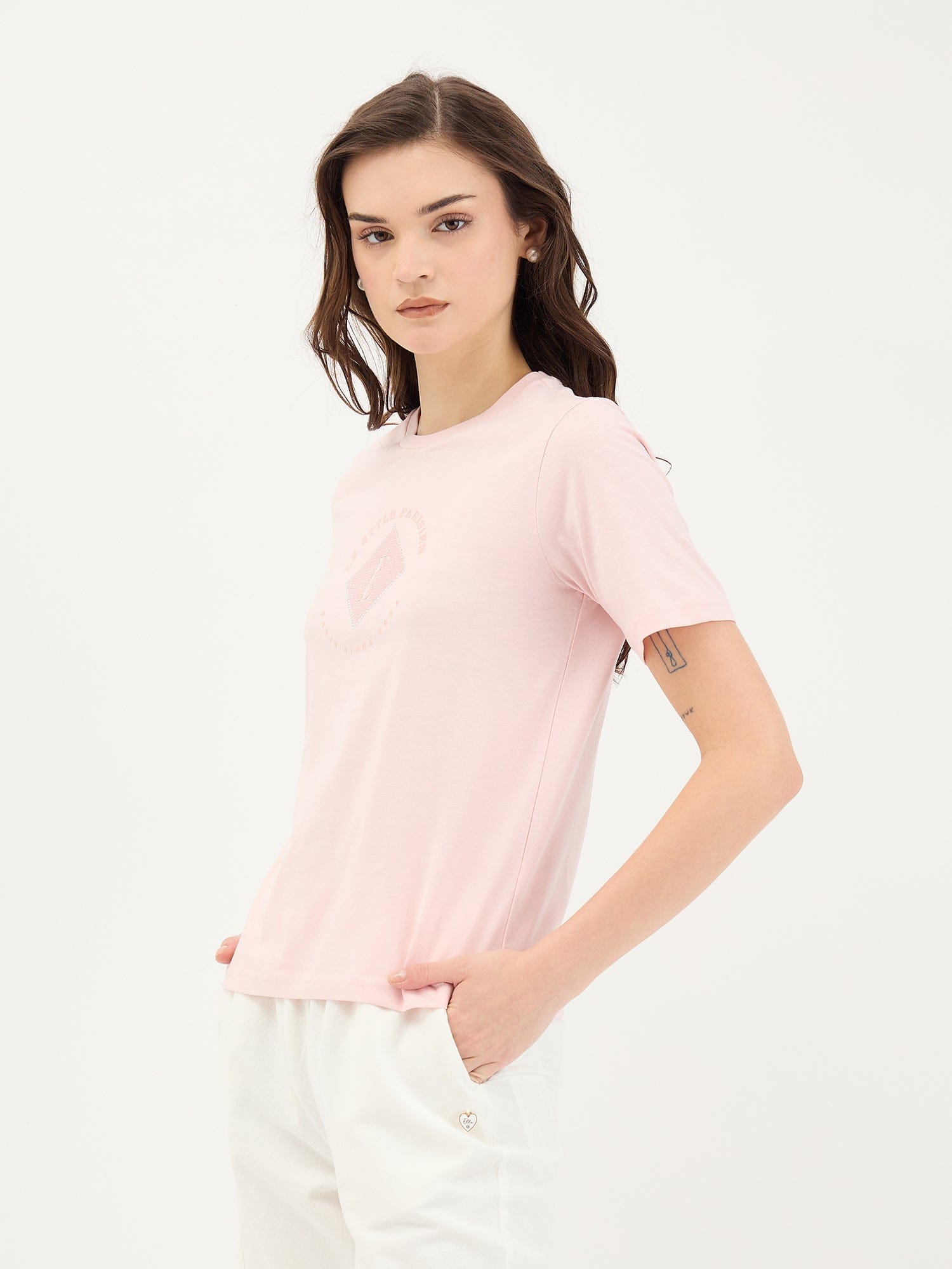 Elle Women Pink Solid Crew Neck TShirt