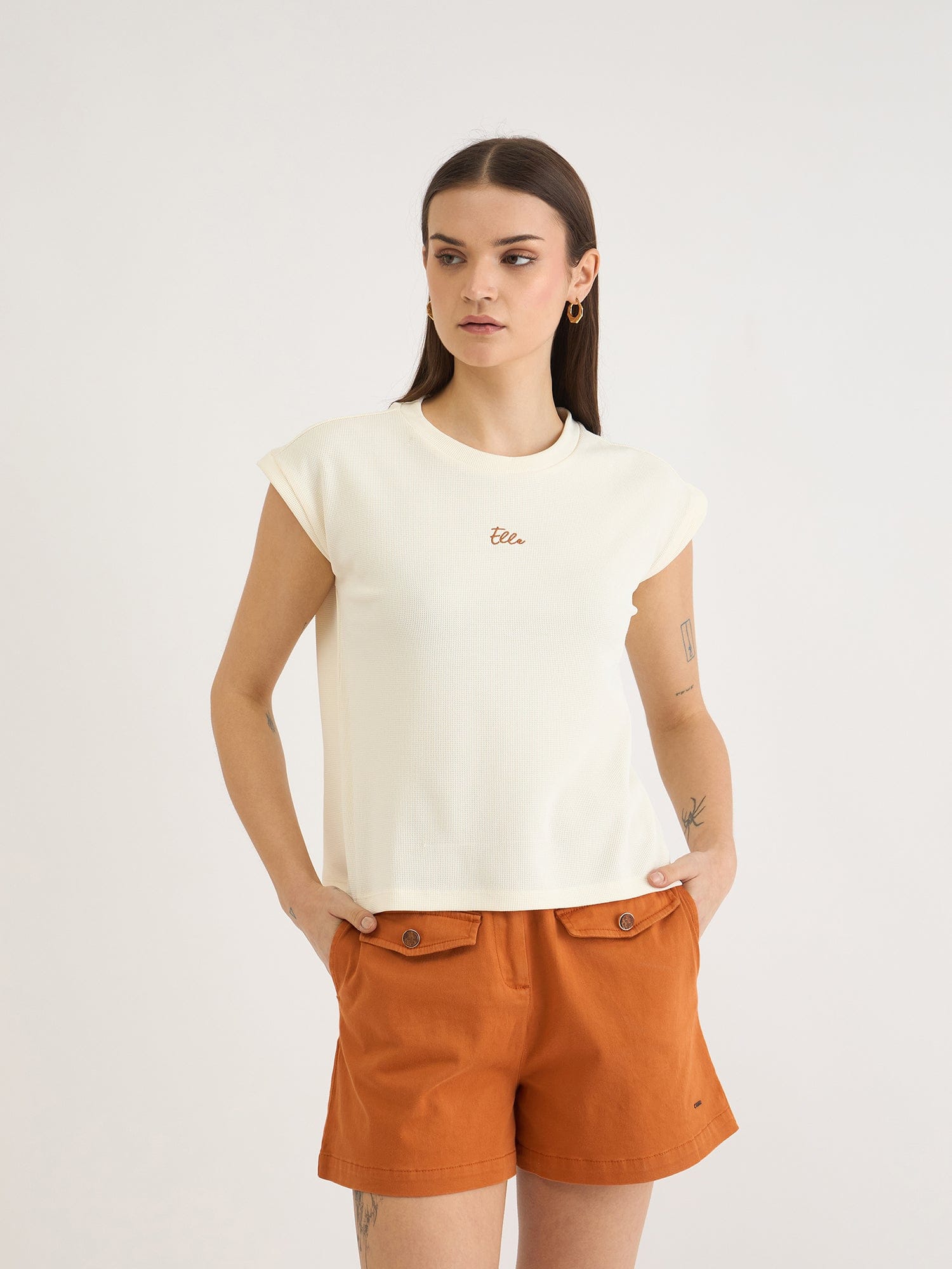 Elle Women White Textured Crew Neck Tshirt