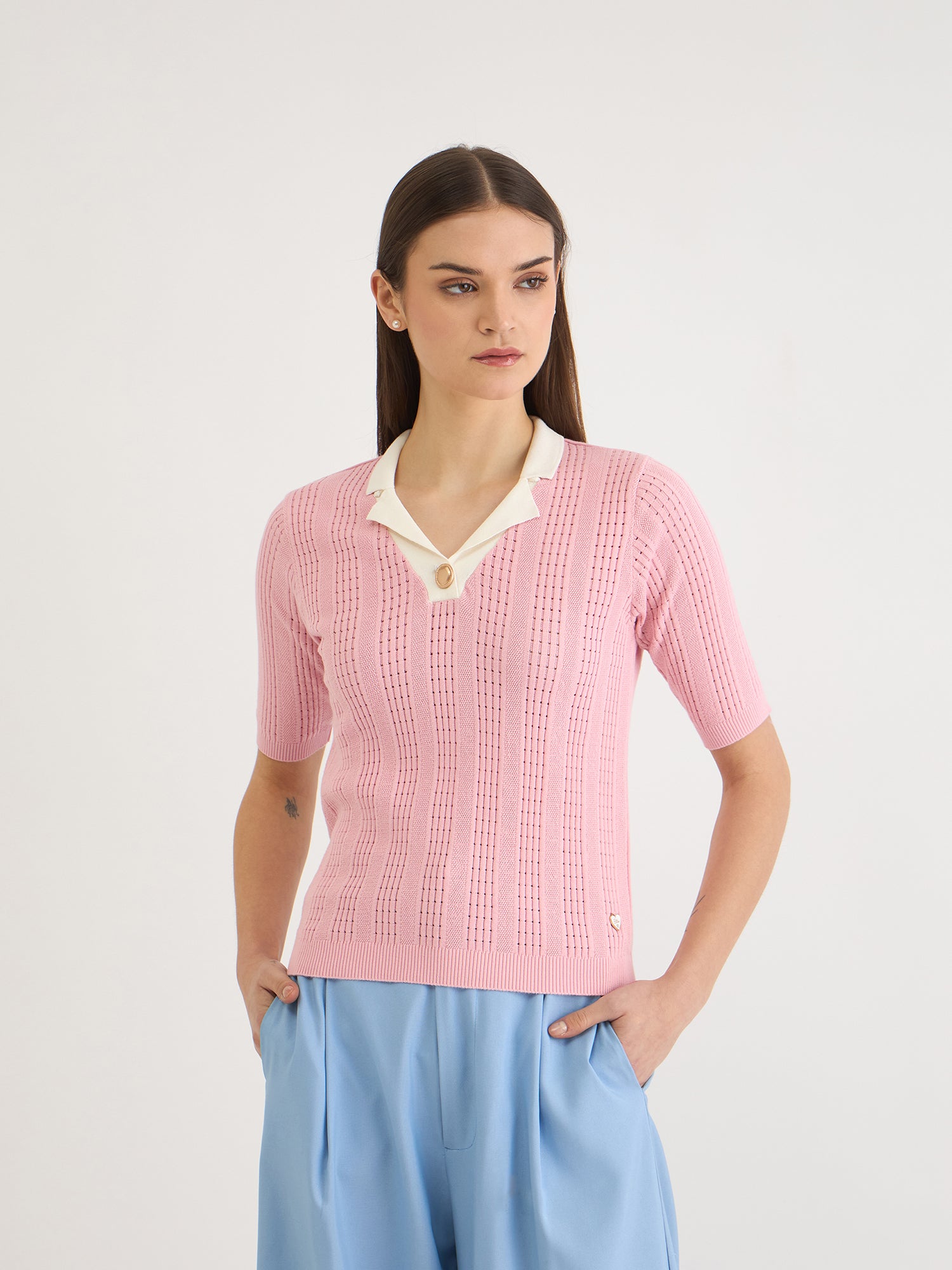 Elle Women Pink Knitted Polo Tshirt