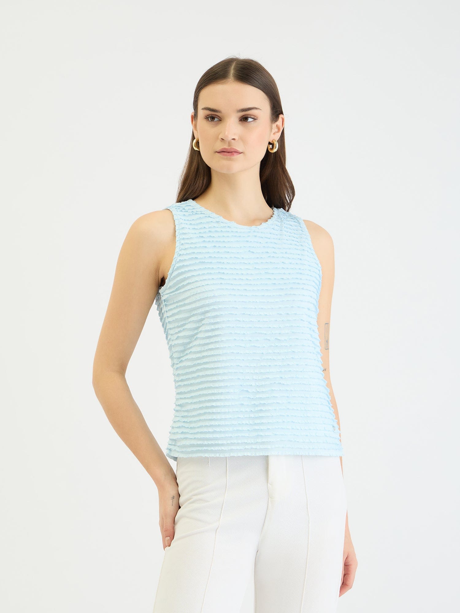 Elle Women Blue Textured Round Neck Tshirt