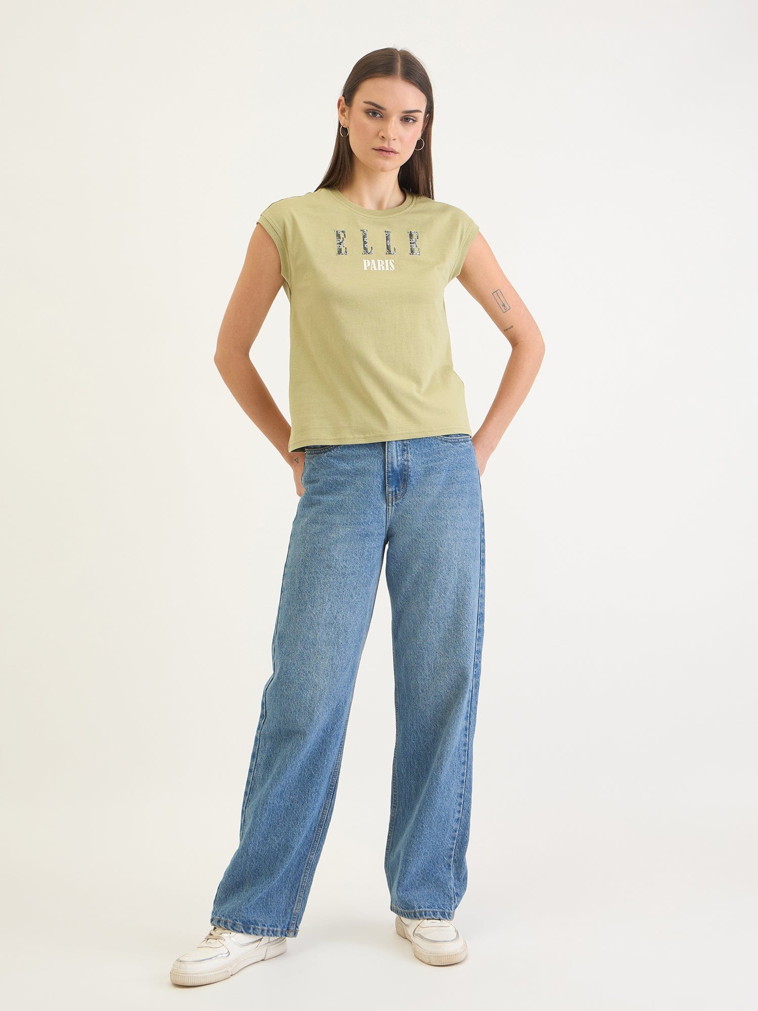 Elle Women Green Solid Crew Neck TShirt