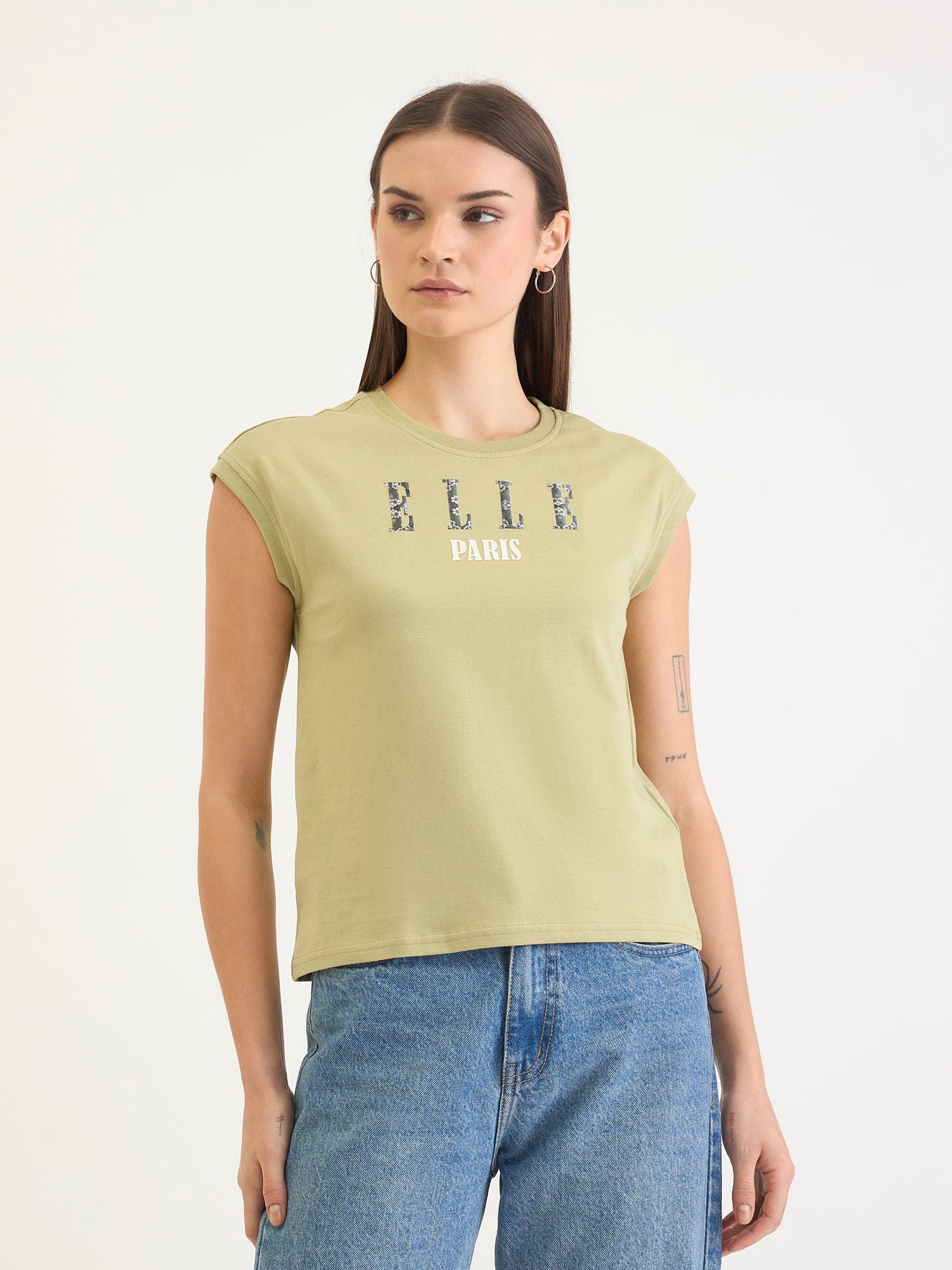 Elle Women Green Solid Crew Neck TShirt