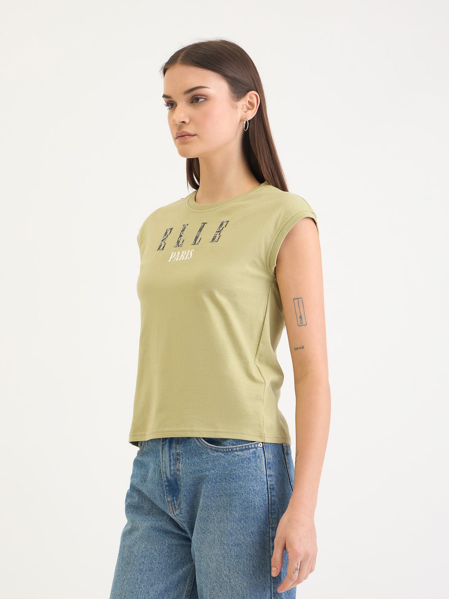 Elle Women Green Solid Crew Neck TShirt