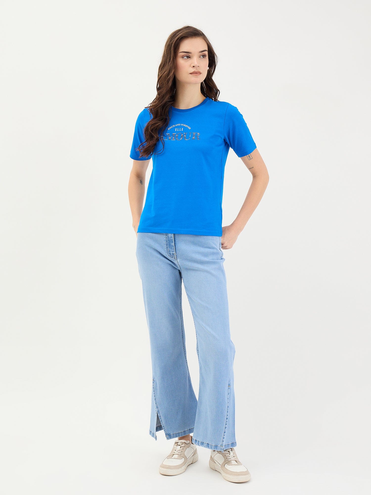 Elle Women Blue Solid Crew Neck TShirt