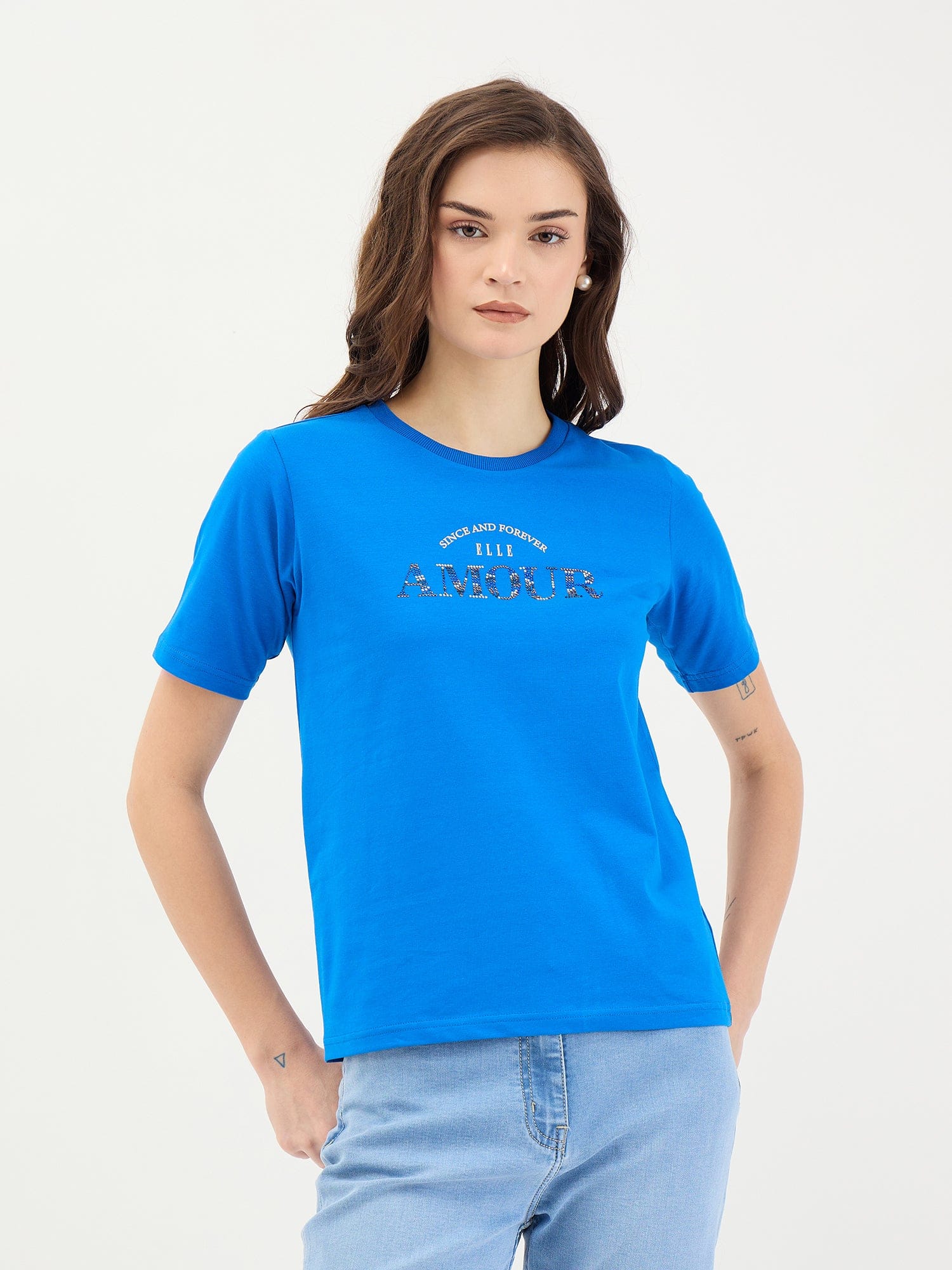 Elle Women Blue Solid Crew Neck TShirt