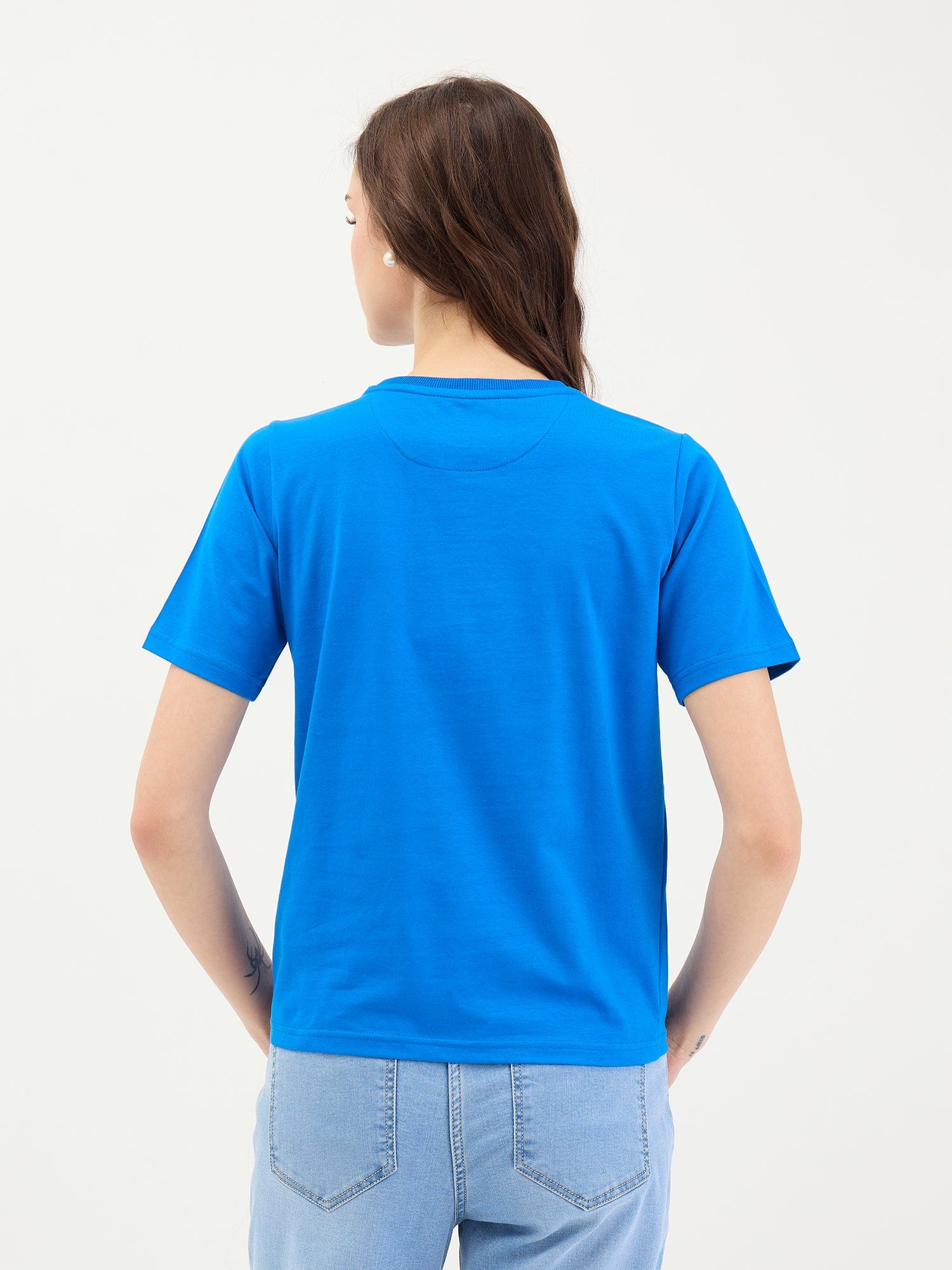 Elle Women Blue Solid Crew Neck TShirt