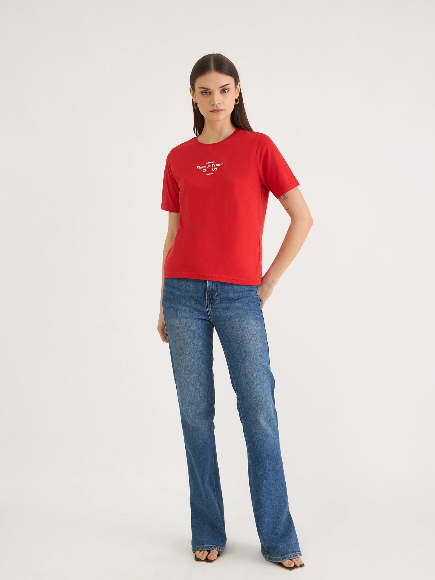 Elle Women Red Solid Crew Neck Tshirt