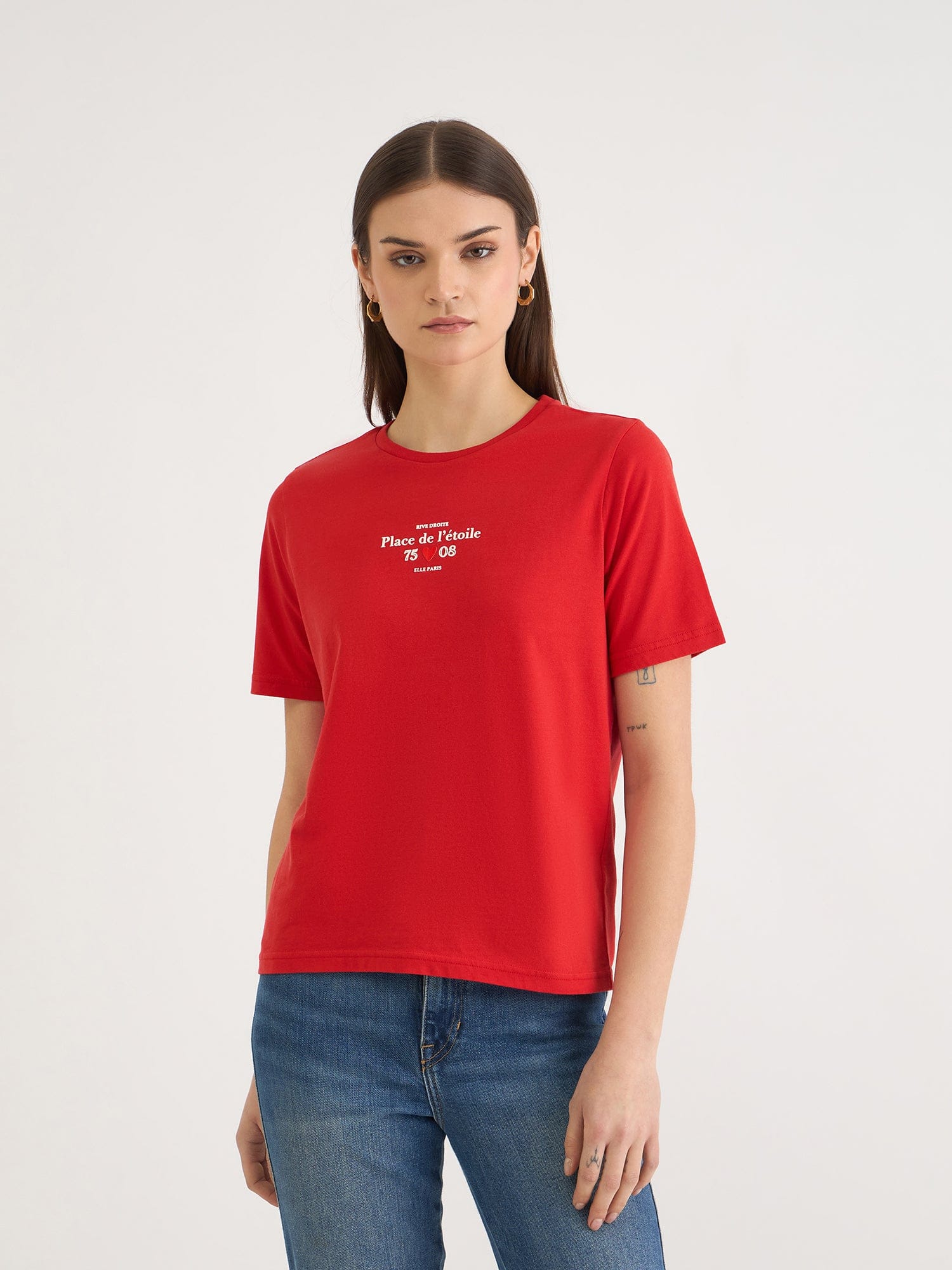 Elle Women Red Solid Crew Neck Tshirt