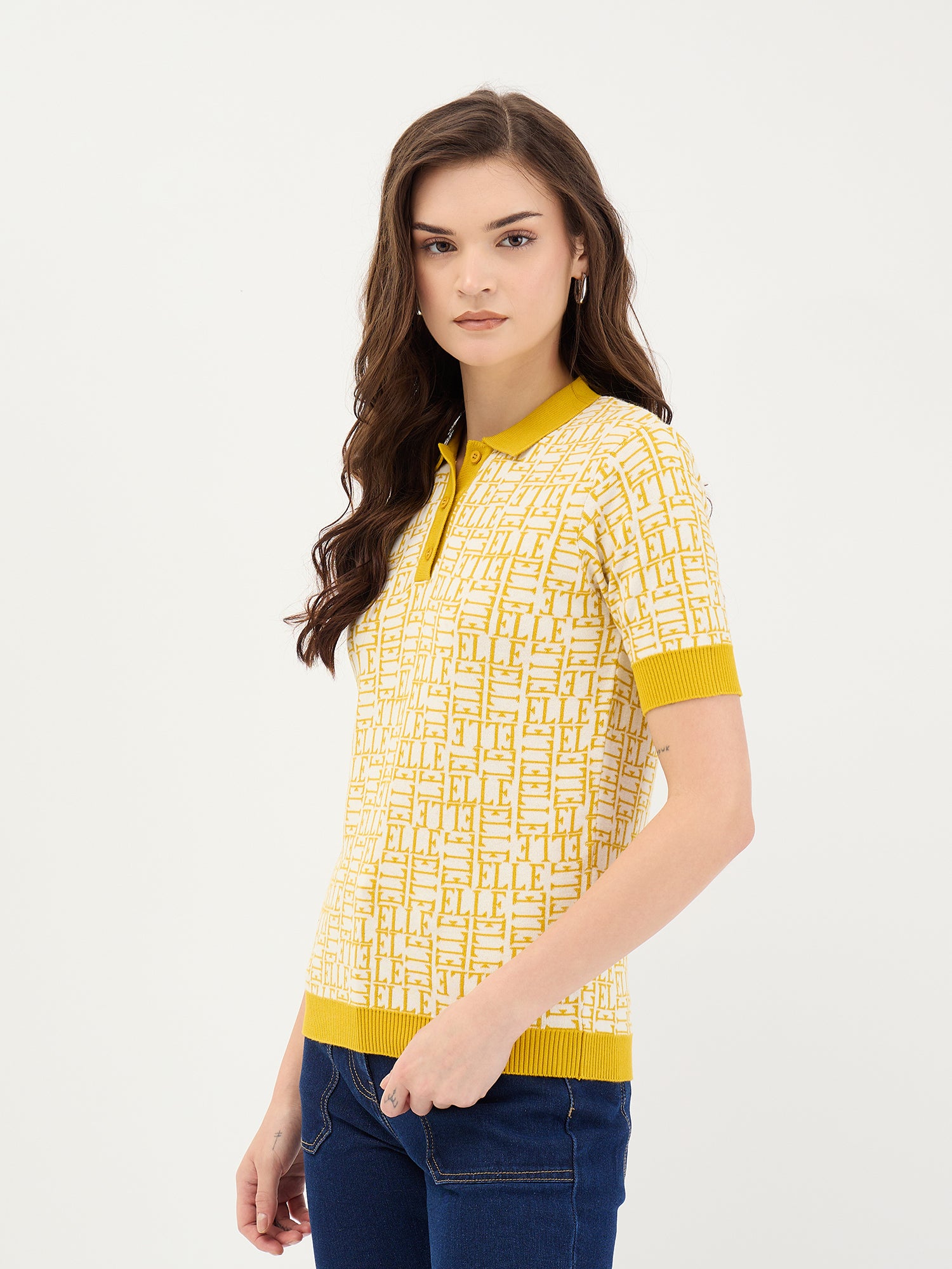 Elle Women White Knitted Polo Tshirt