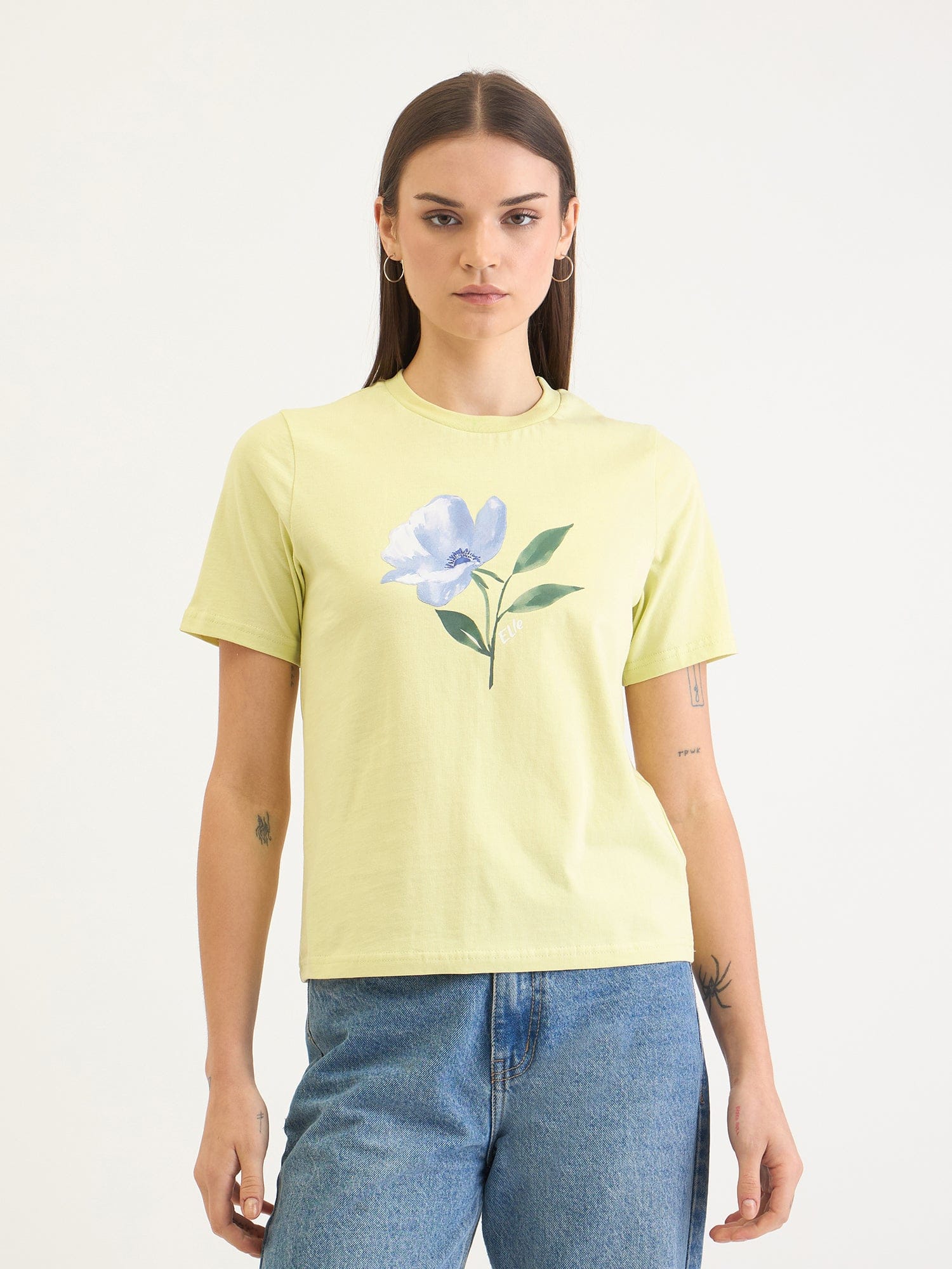 Elle Women Green Solid Crew Neck TShirt