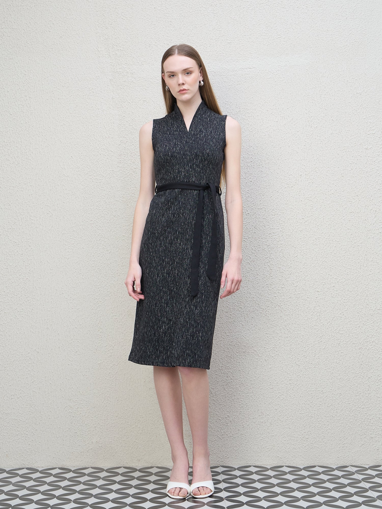 Iconic Women Black Textured Shawl Collar Dress