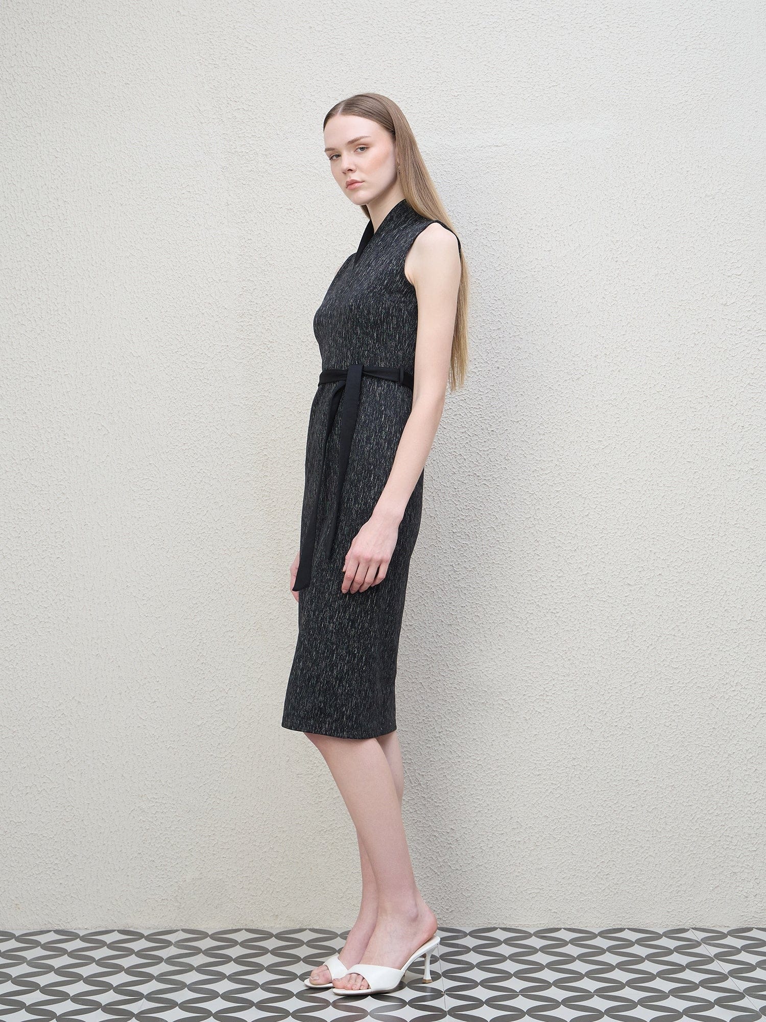 Iconic Women Black Textured Shawl Collar Dress