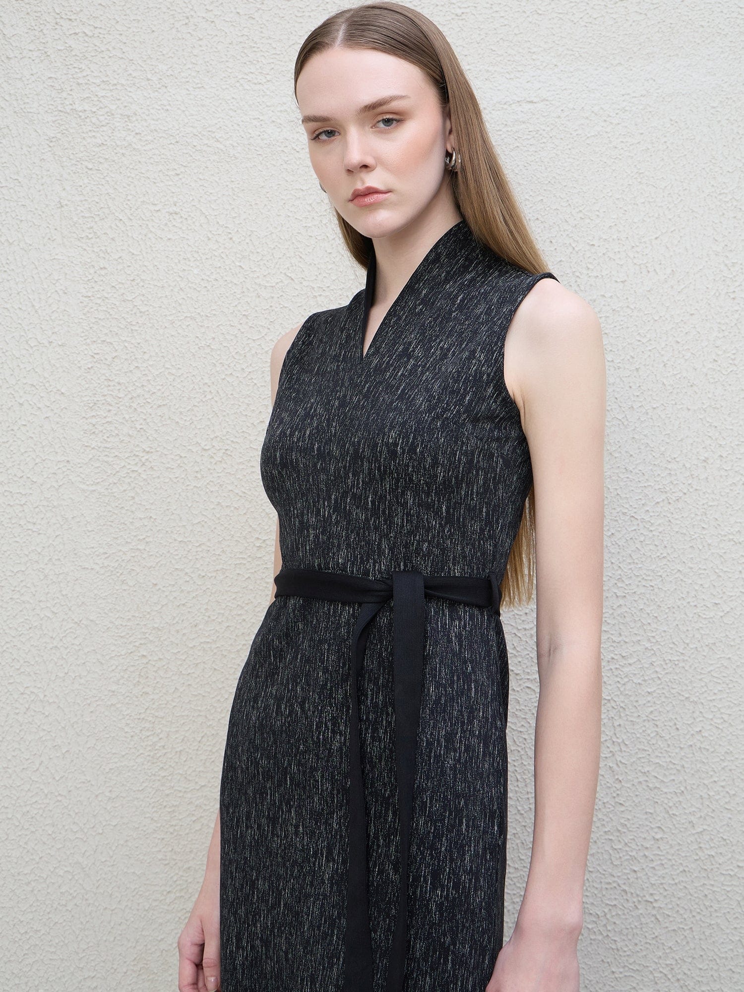 Iconic Women Black Textured Shawl Collar Dress