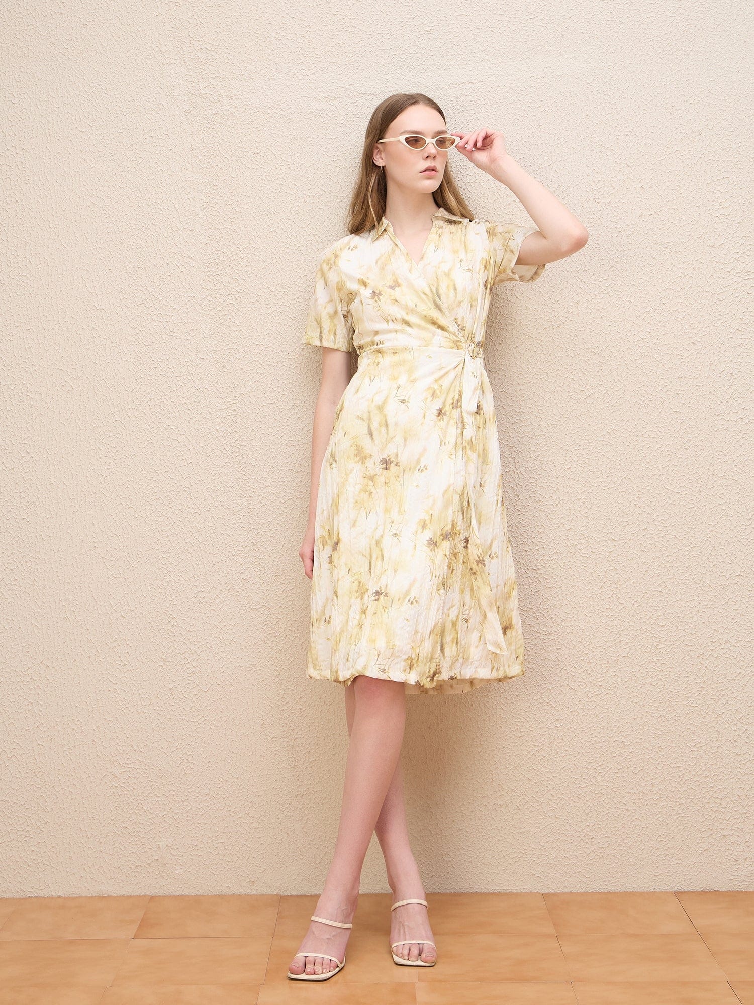 Iconic Women Beige Printed Wrap Neck Dress