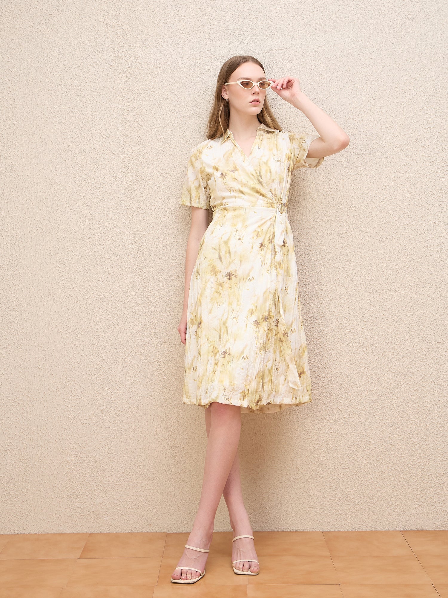 Iconic Women Beige Printed Wrap Neck Dress