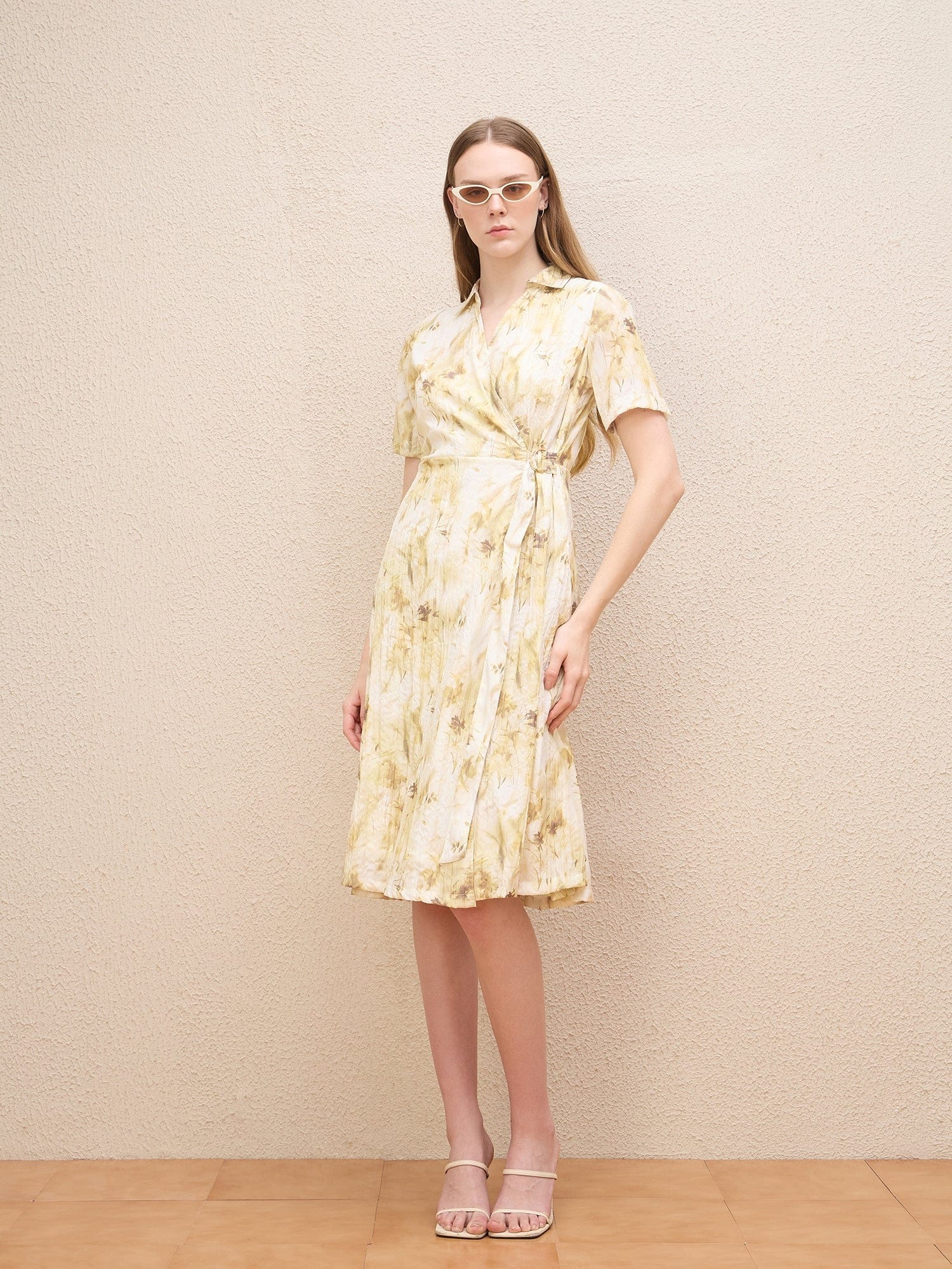 Iconic Women Beige Printed Wrap Neck Dress