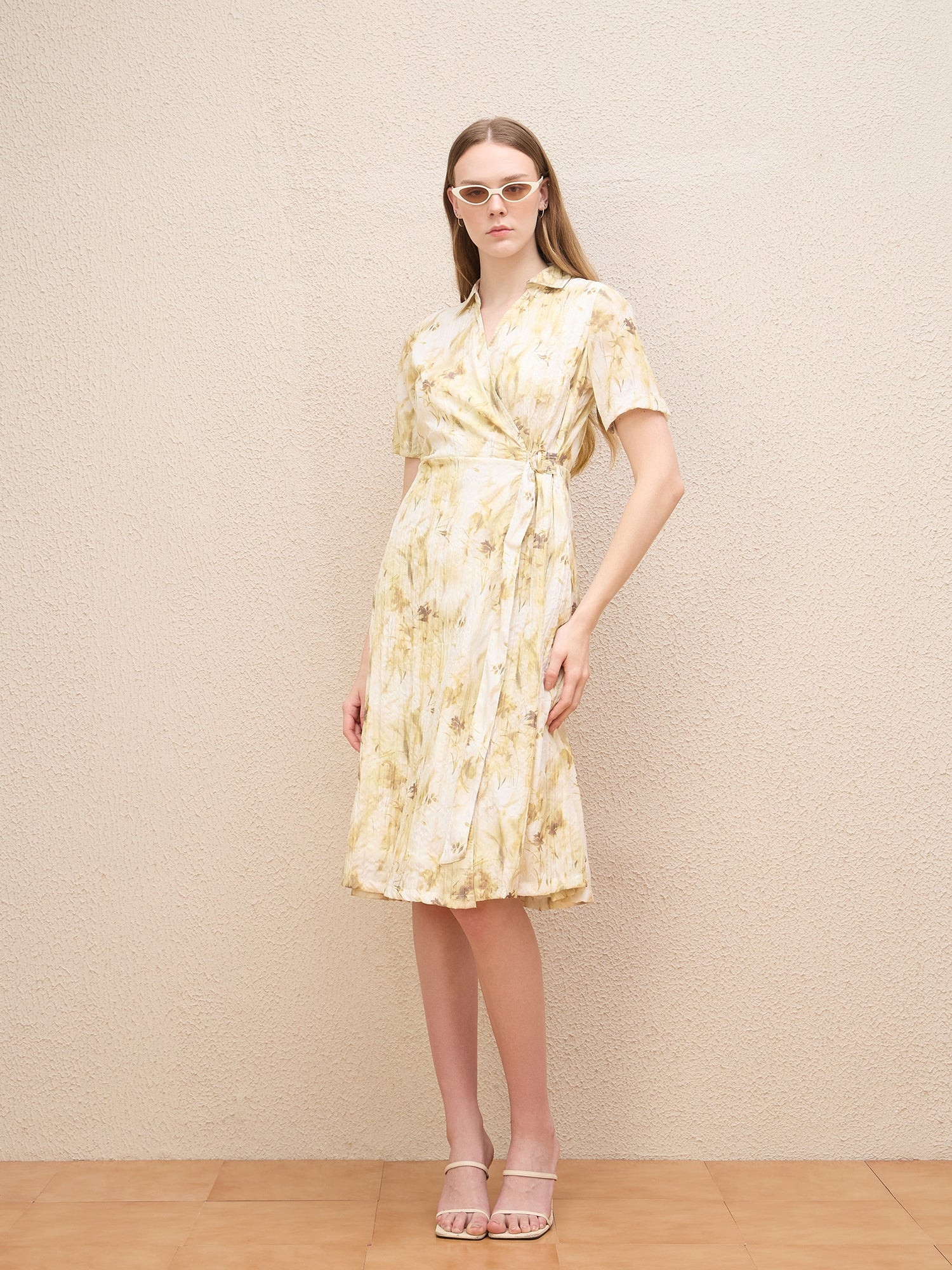 Iconic Women Beige Printed Wrap Neck Dress