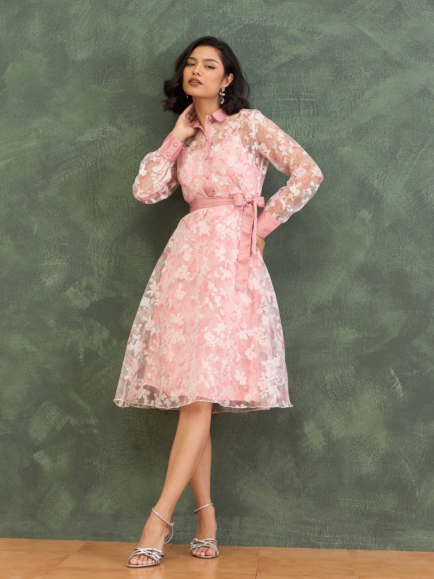 Iconic Women Pink Printed Shirt Collar Dress