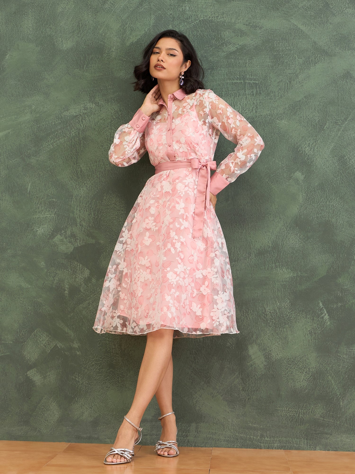 Iconic Women Pink Printed Shirt Collar Dress