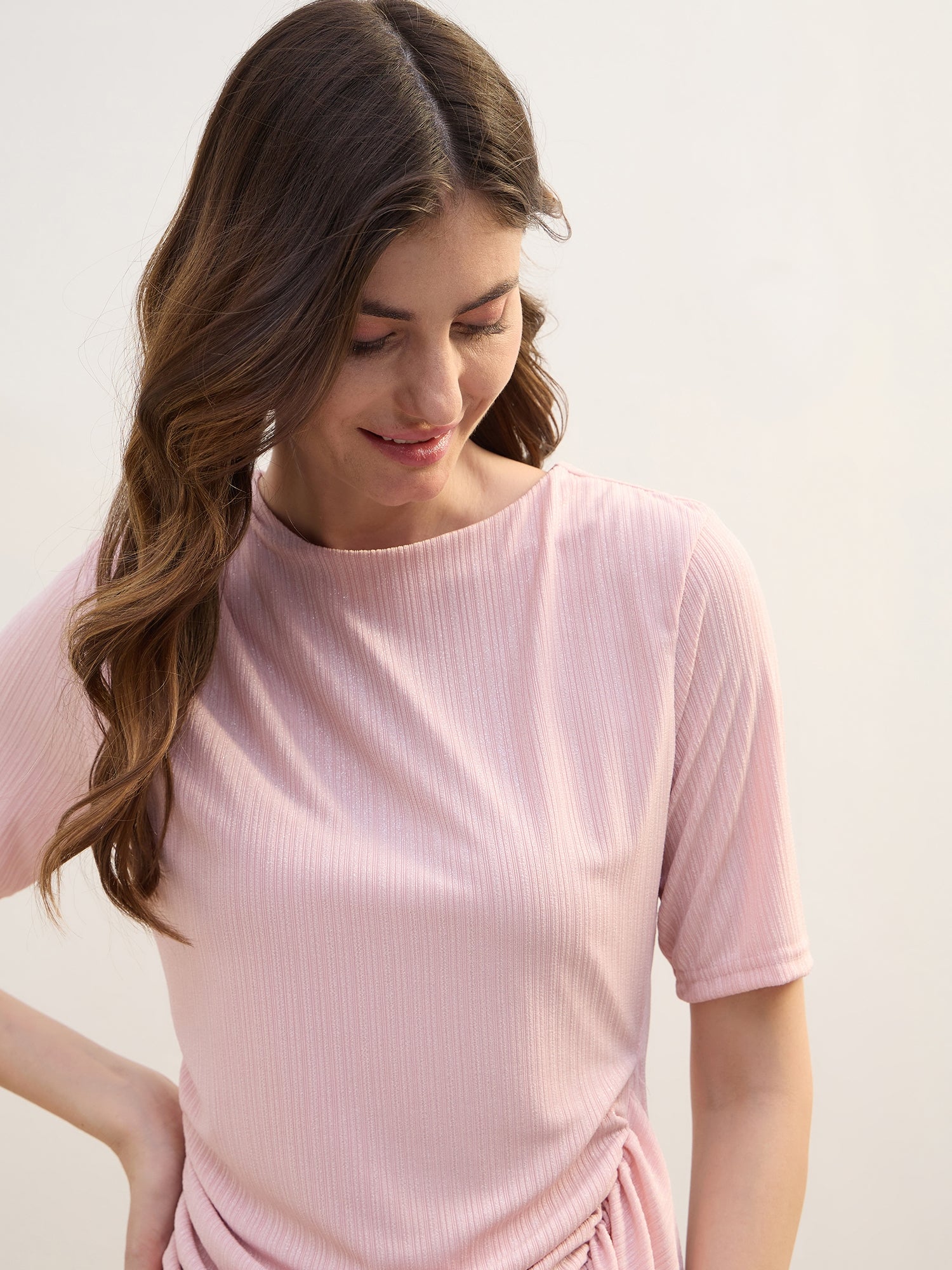 Iconic Women Pink Structured Round Neck Dress