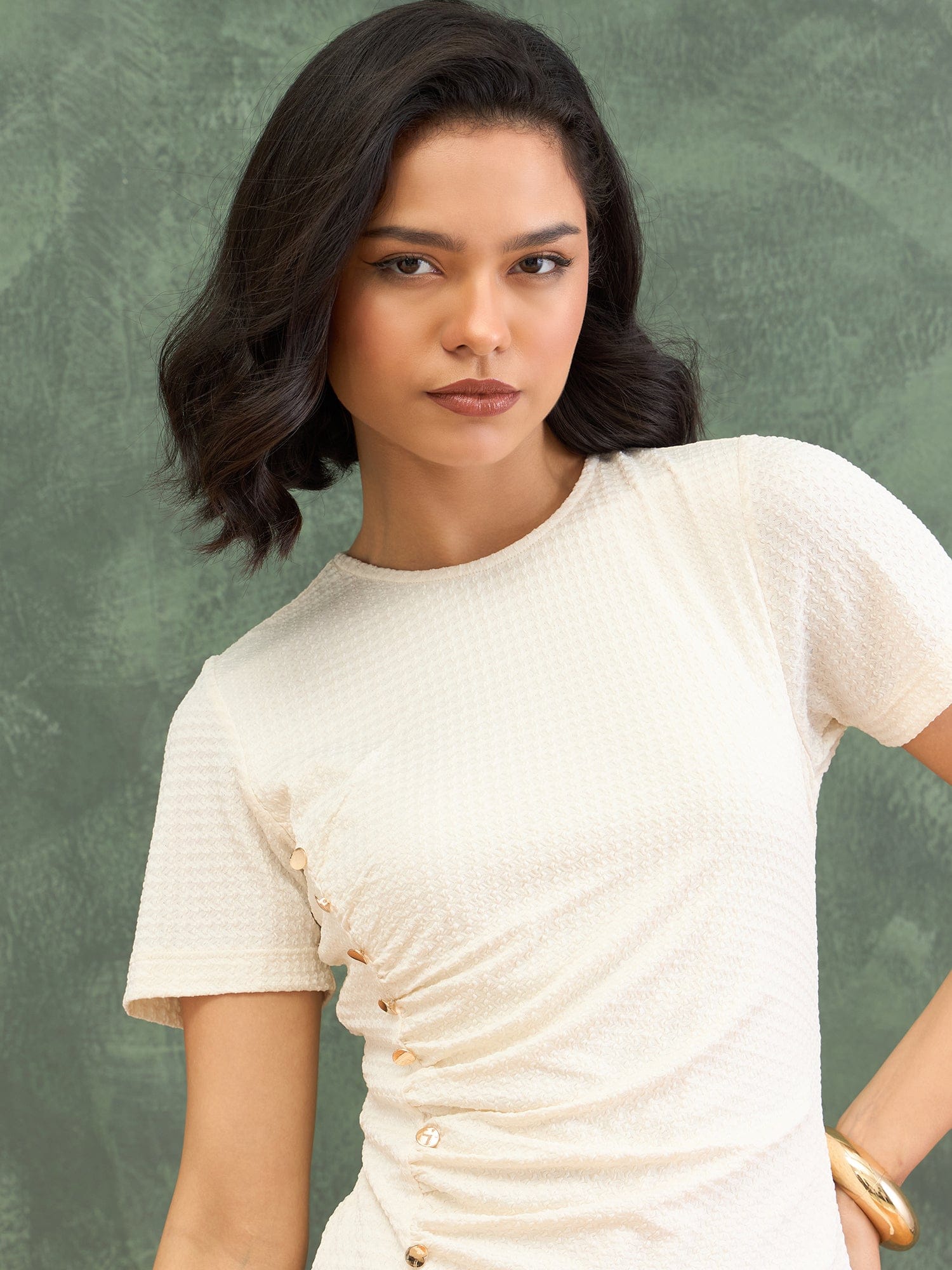 Iconic Women White Textured Round Neck Dress