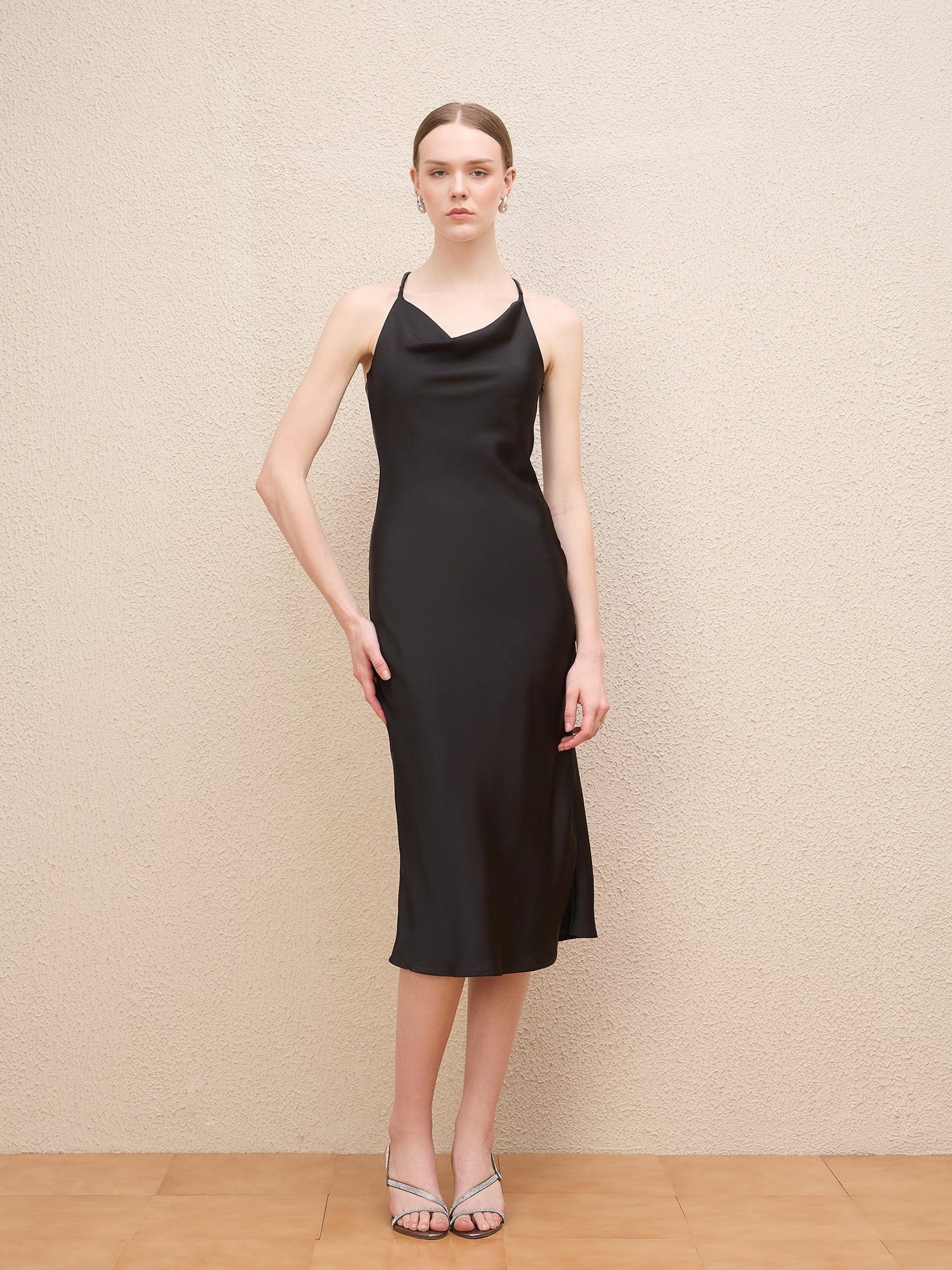 Iconic Women Black Solid Cowl Neck Dress
