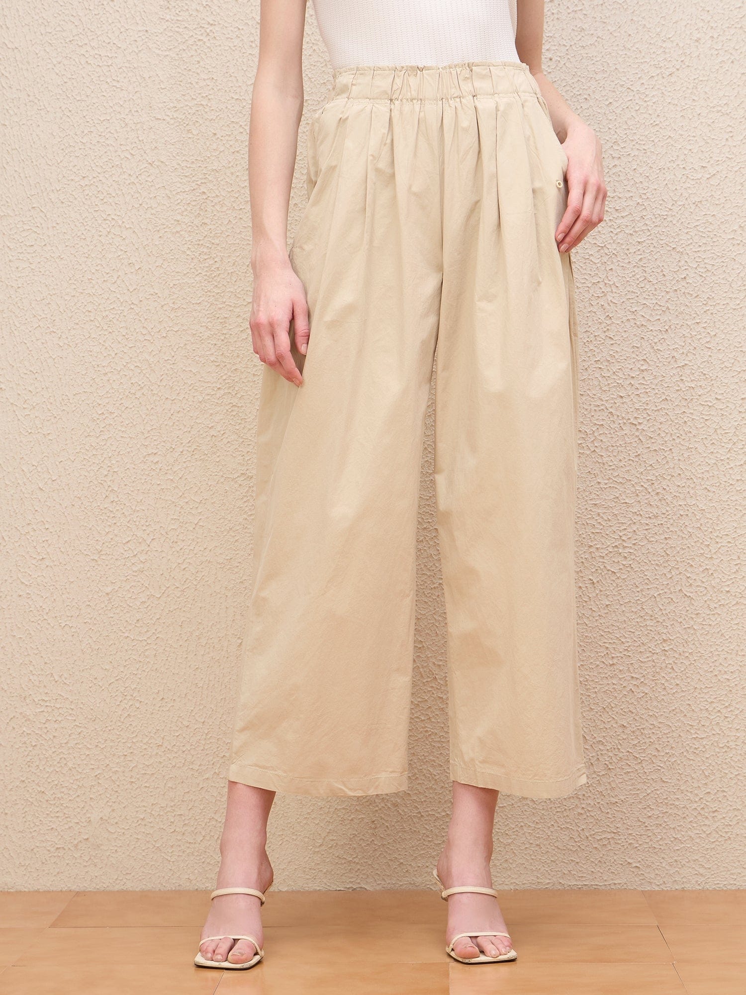 Iconic Women Beige Baggy Fit Solid Trouser