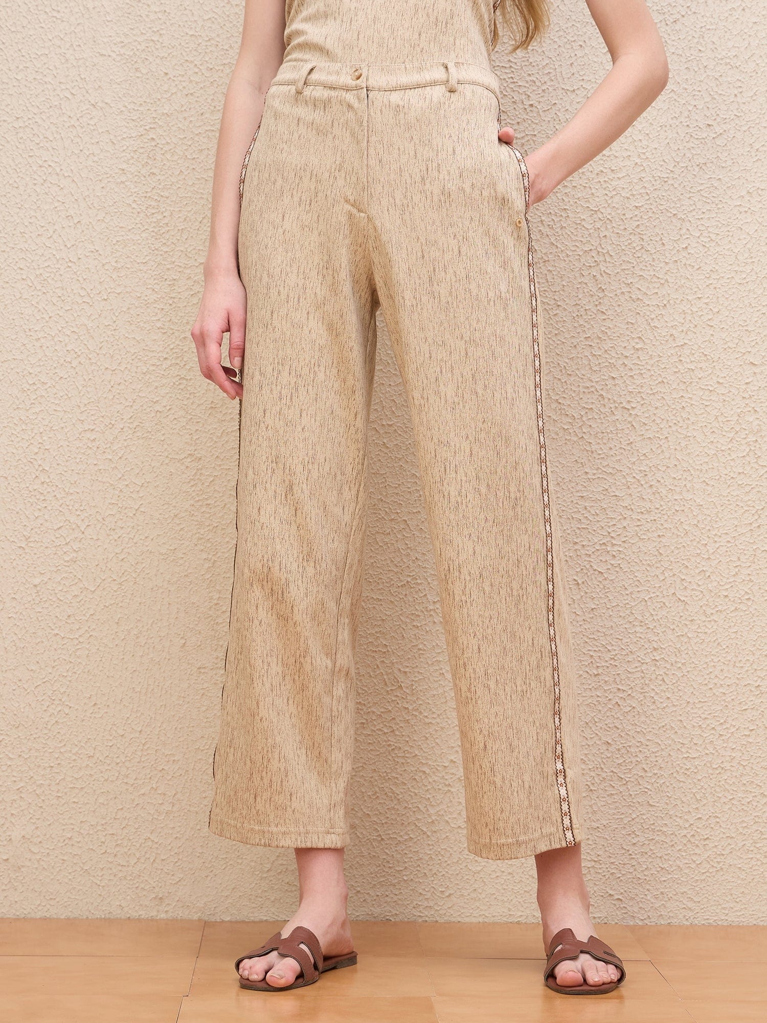 Iconic Women Beige Straight Fit Textured Trouser
