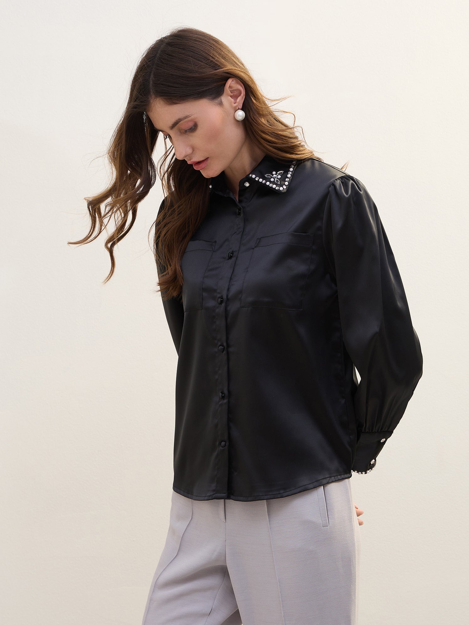 Iconic Women Black Solid Collar Shirt