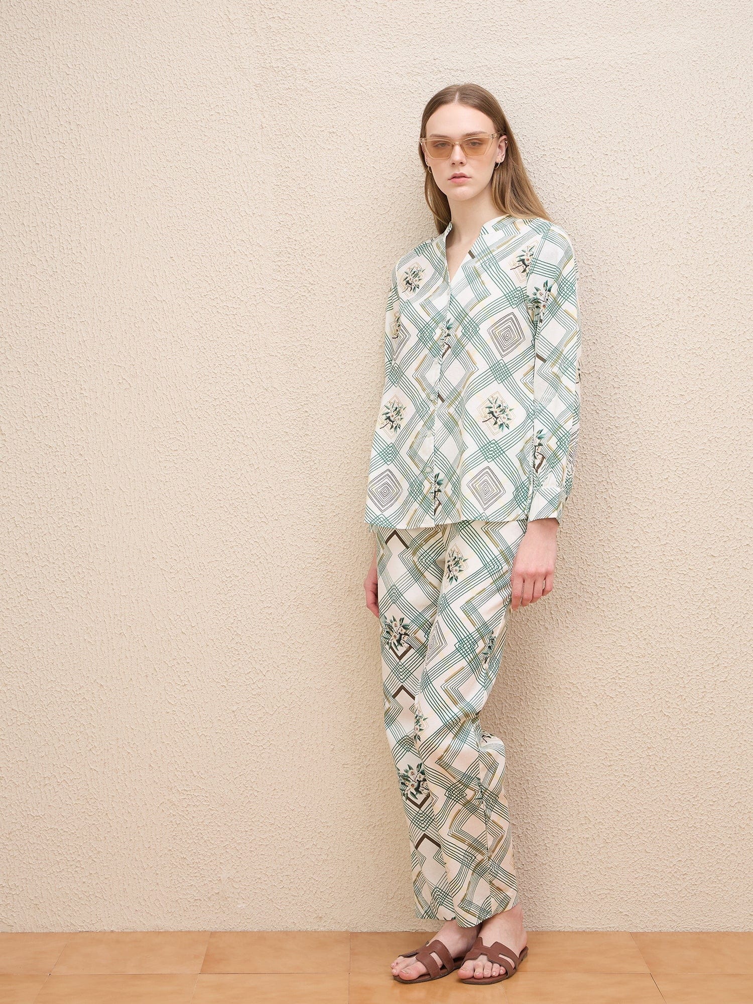 Iconic Women White Printed Band Collar Shirt