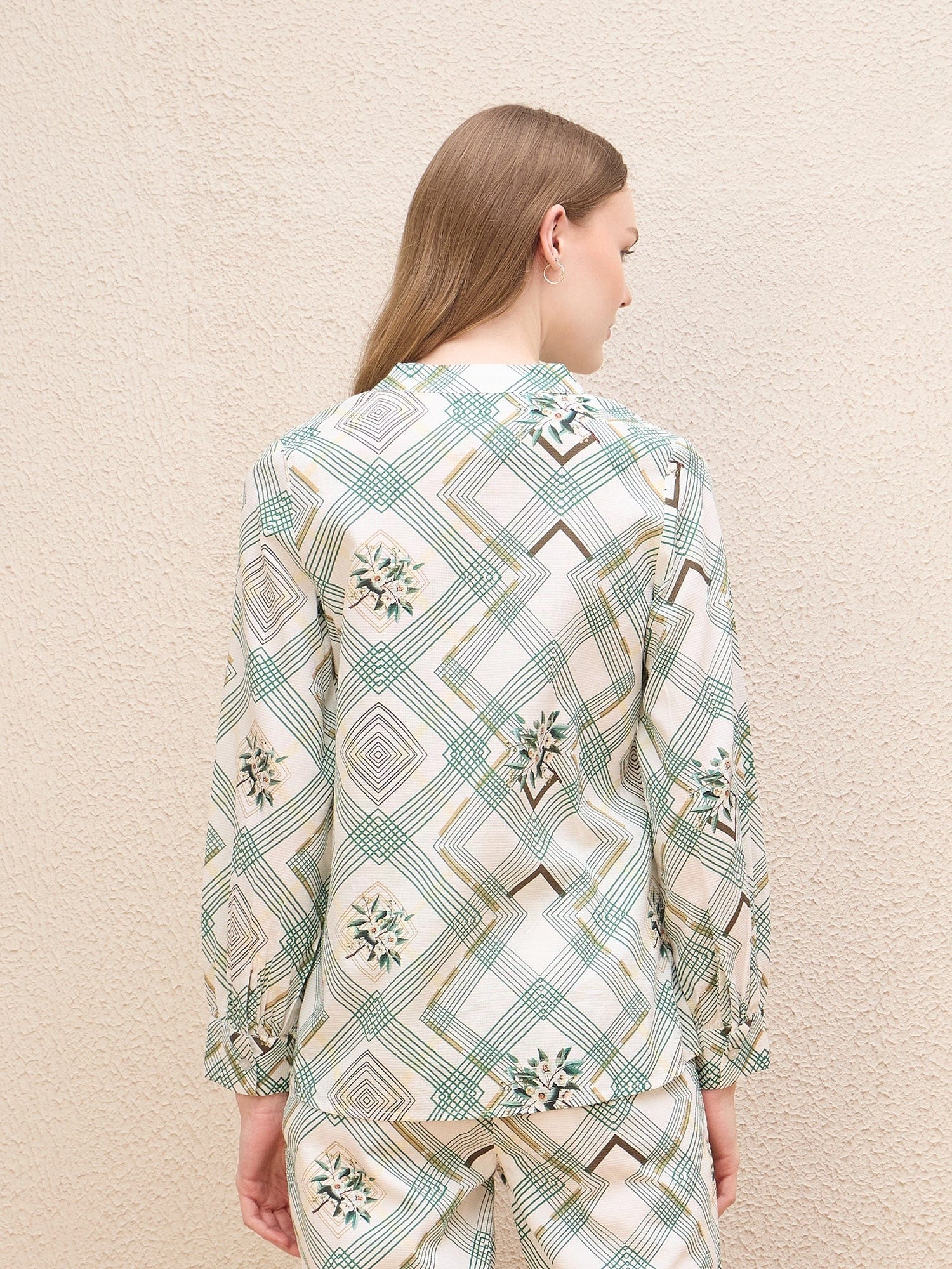 Iconic Women White Printed Band Collar Shirt