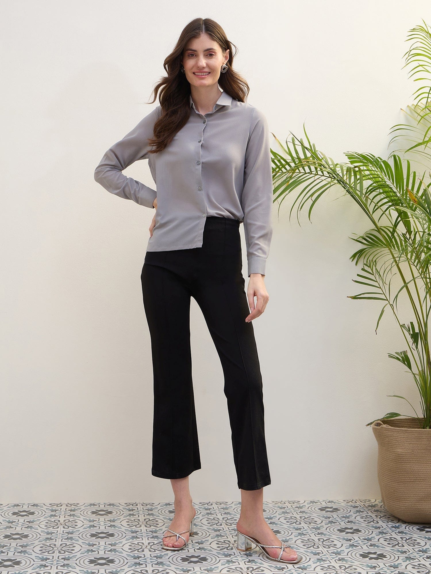 Iconic Women Grey Solid Ruffle Neck Shirt