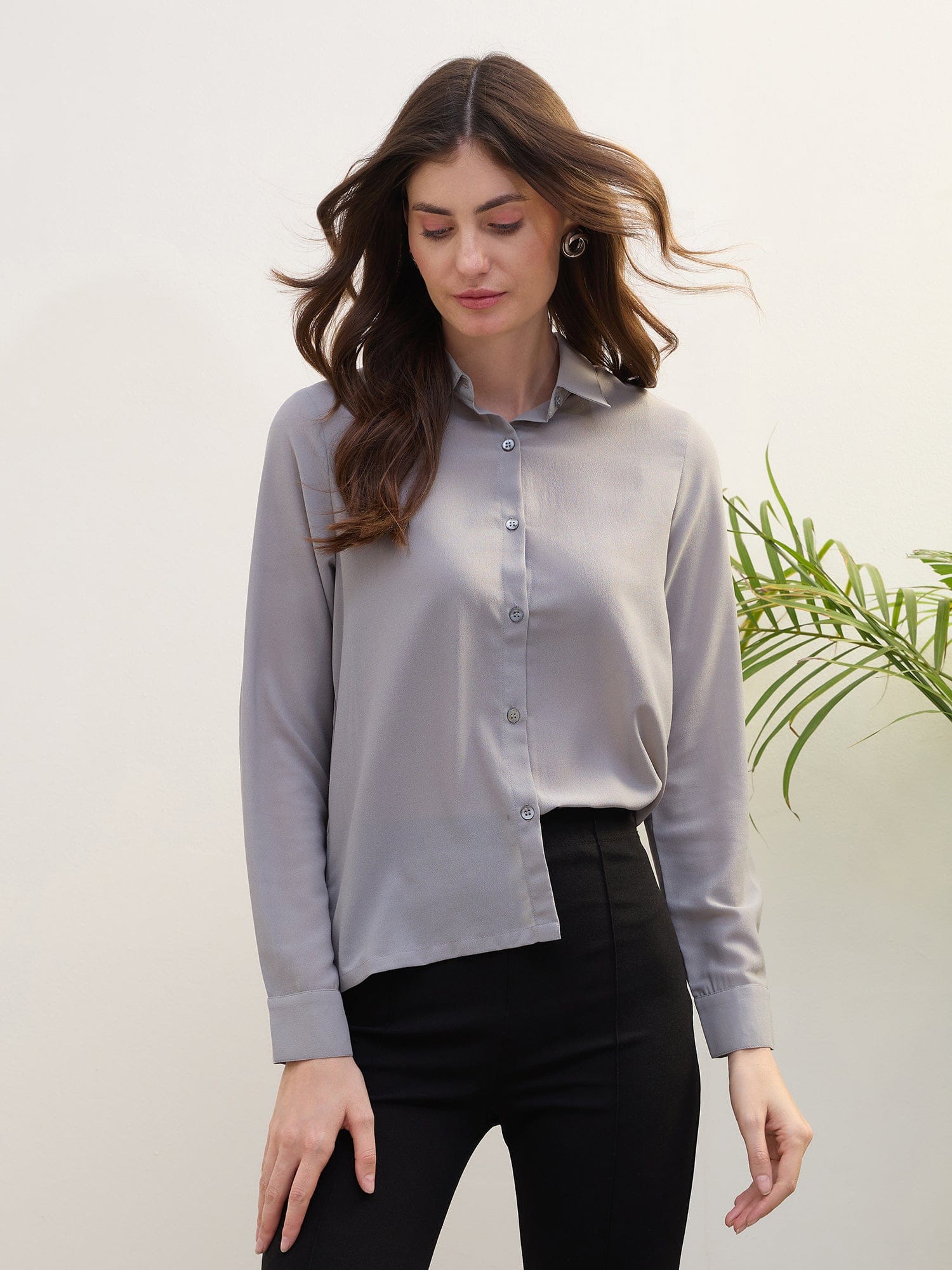 Iconic Women Grey Solid Ruffle Neck Shirt