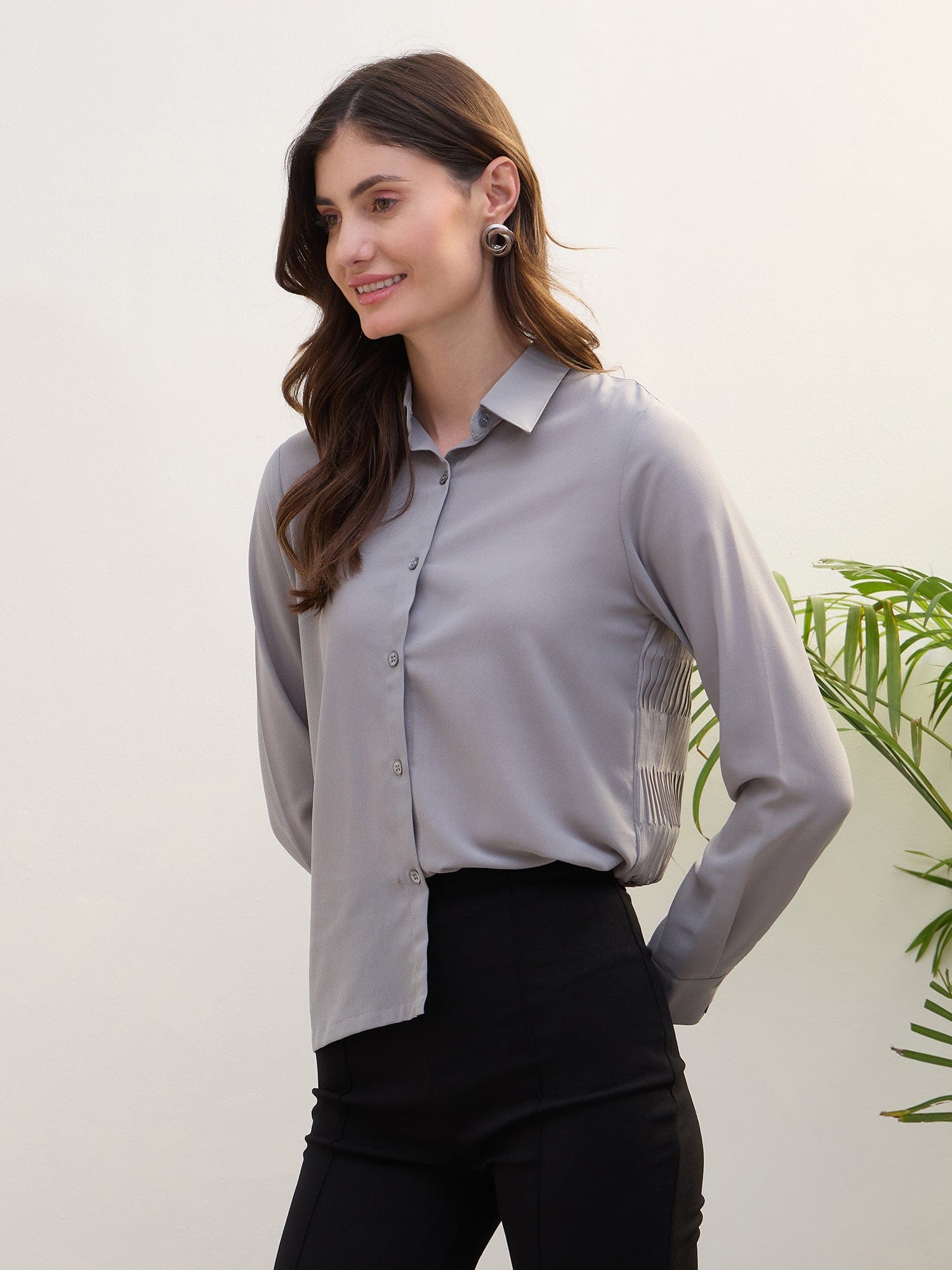 Iconic Women Grey Solid Ruffle Neck Shirt