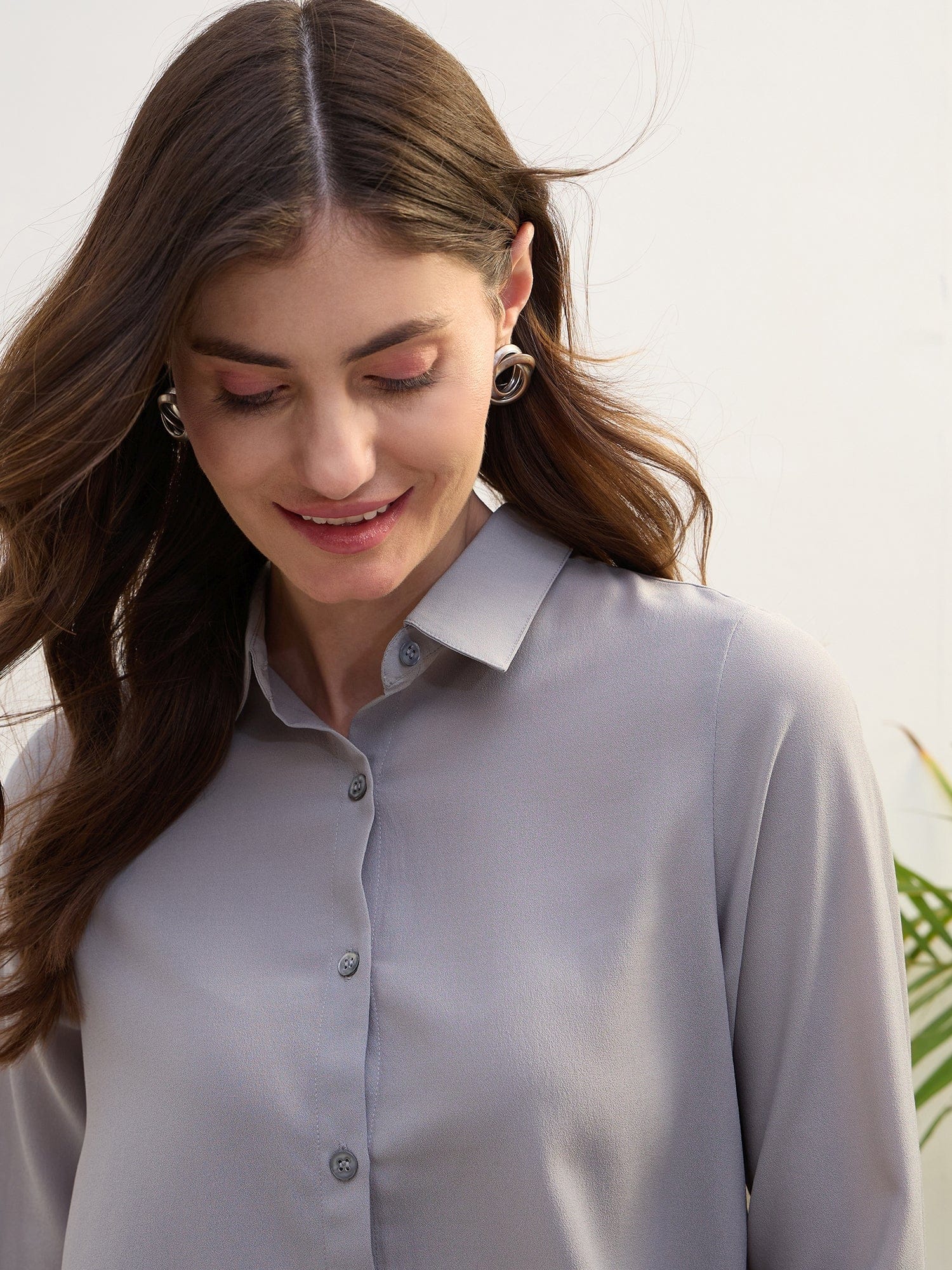 Iconic Women Grey Solid Ruffle Neck Shirt