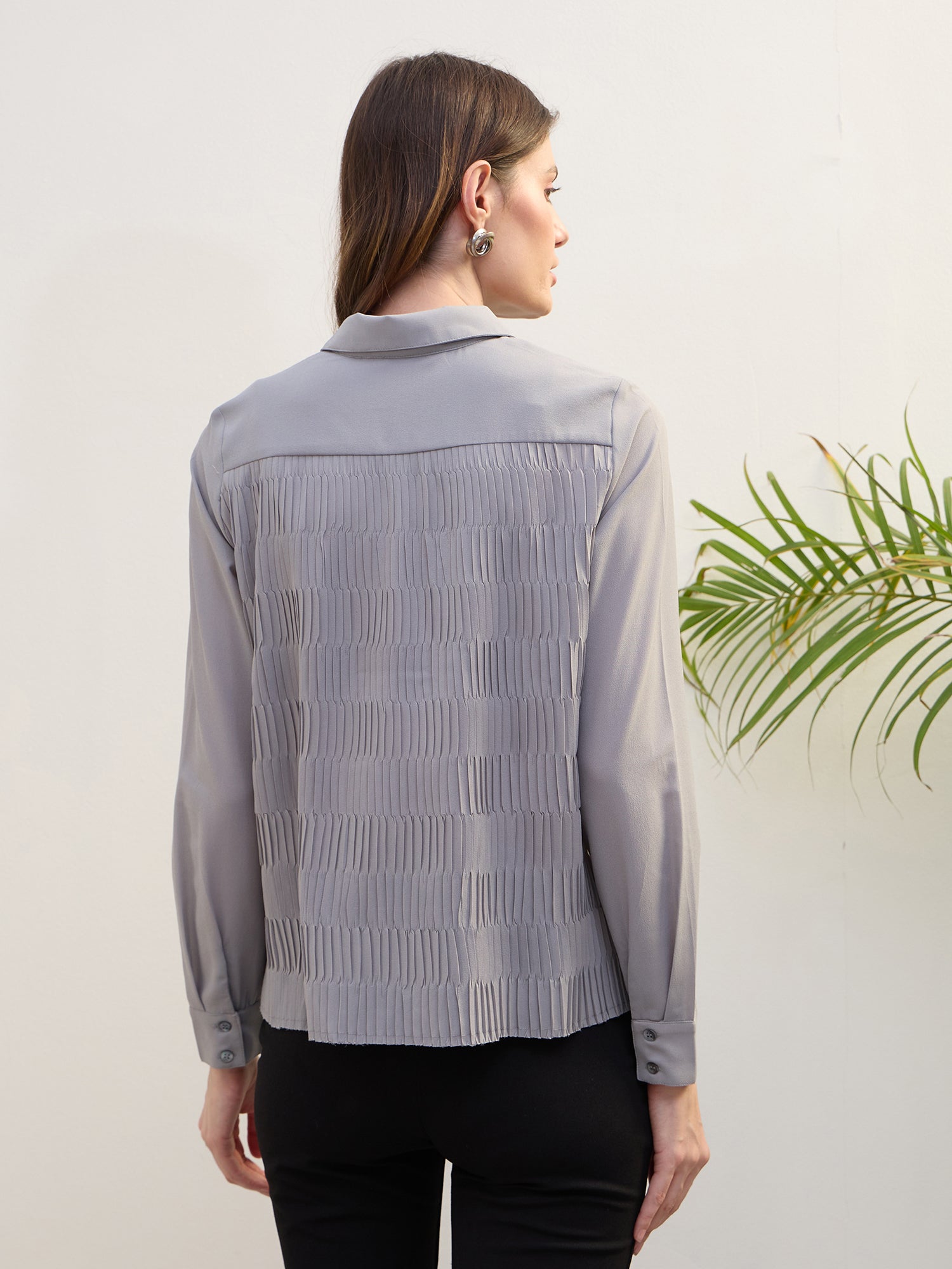 Iconic Women Grey Solid Ruffle Neck Shirt