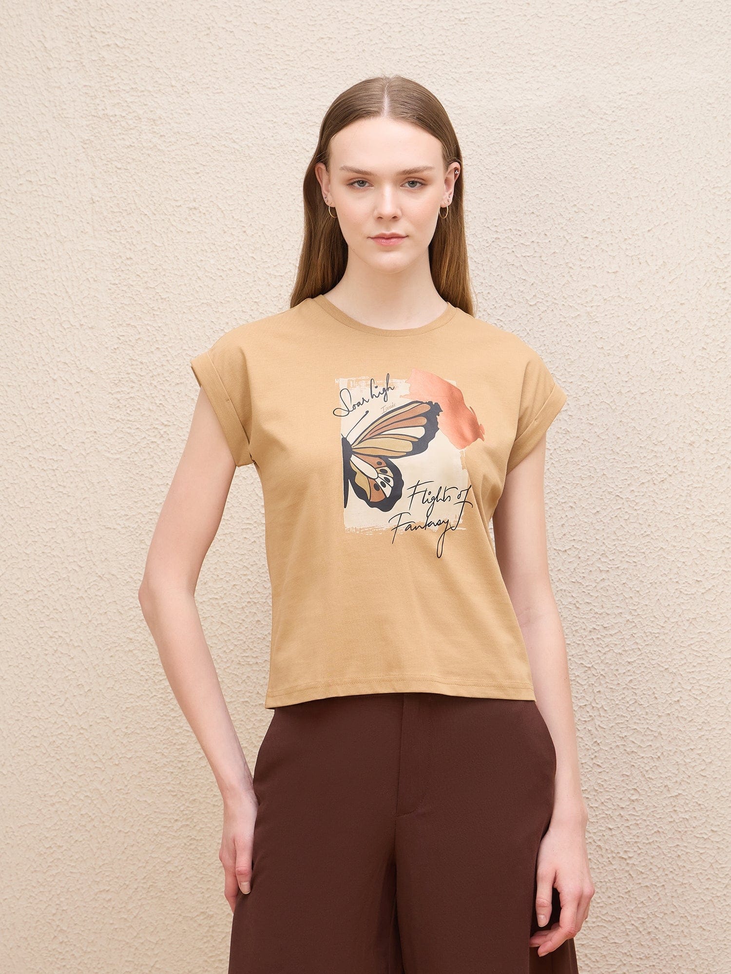 Iconic Women Beige Solid Crew Neck Tshirt